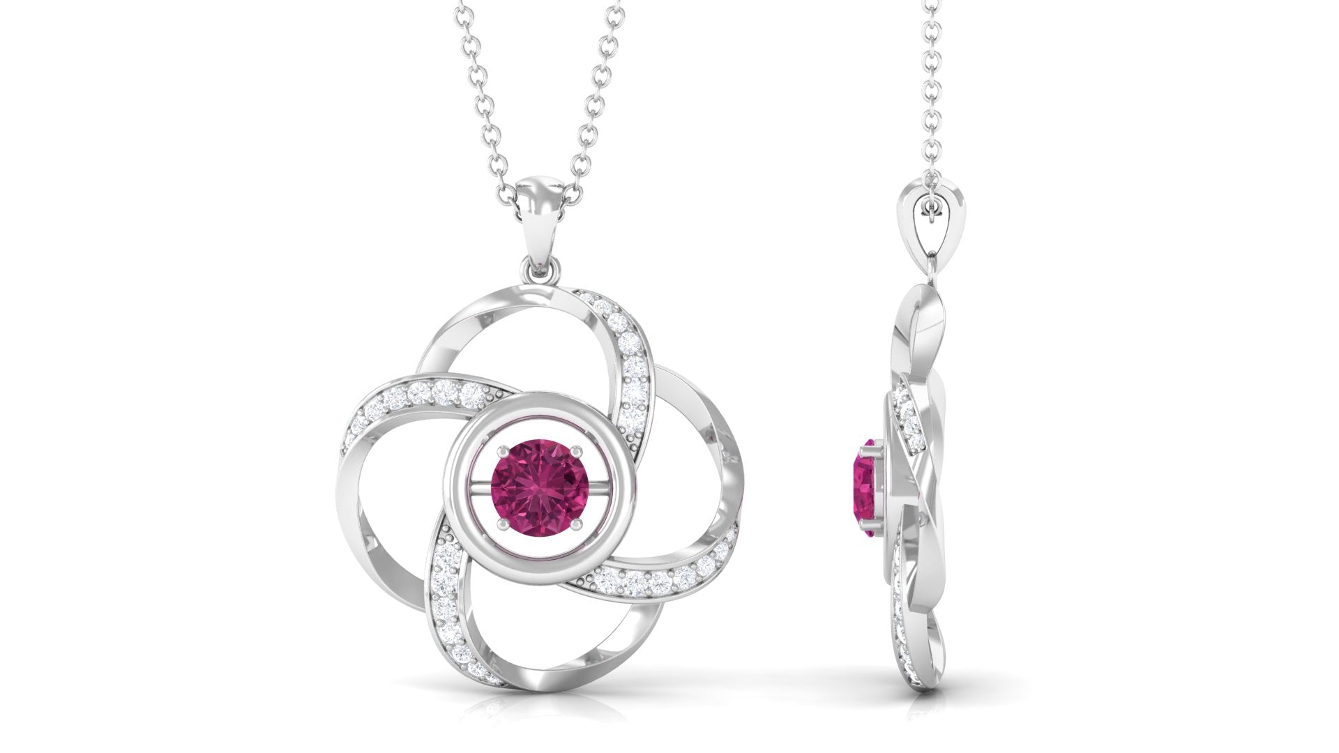 Modern Flower Pendant with Round Pink Tourmaline and Diamond Pink Tourmaline - ( AAA ) - Quality - Rosec Jewels