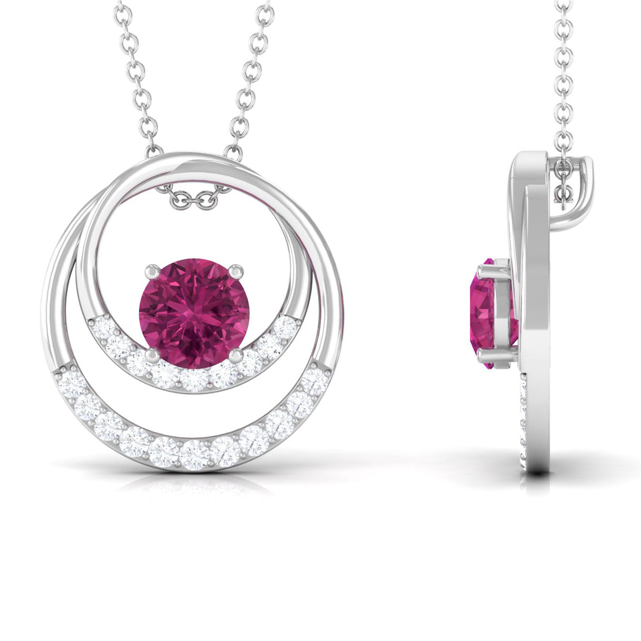 Real Pink Tourmaline and Diamond Open Circle Pendant Pink Tourmaline - ( AAA ) - Quality - Rosec Jewels