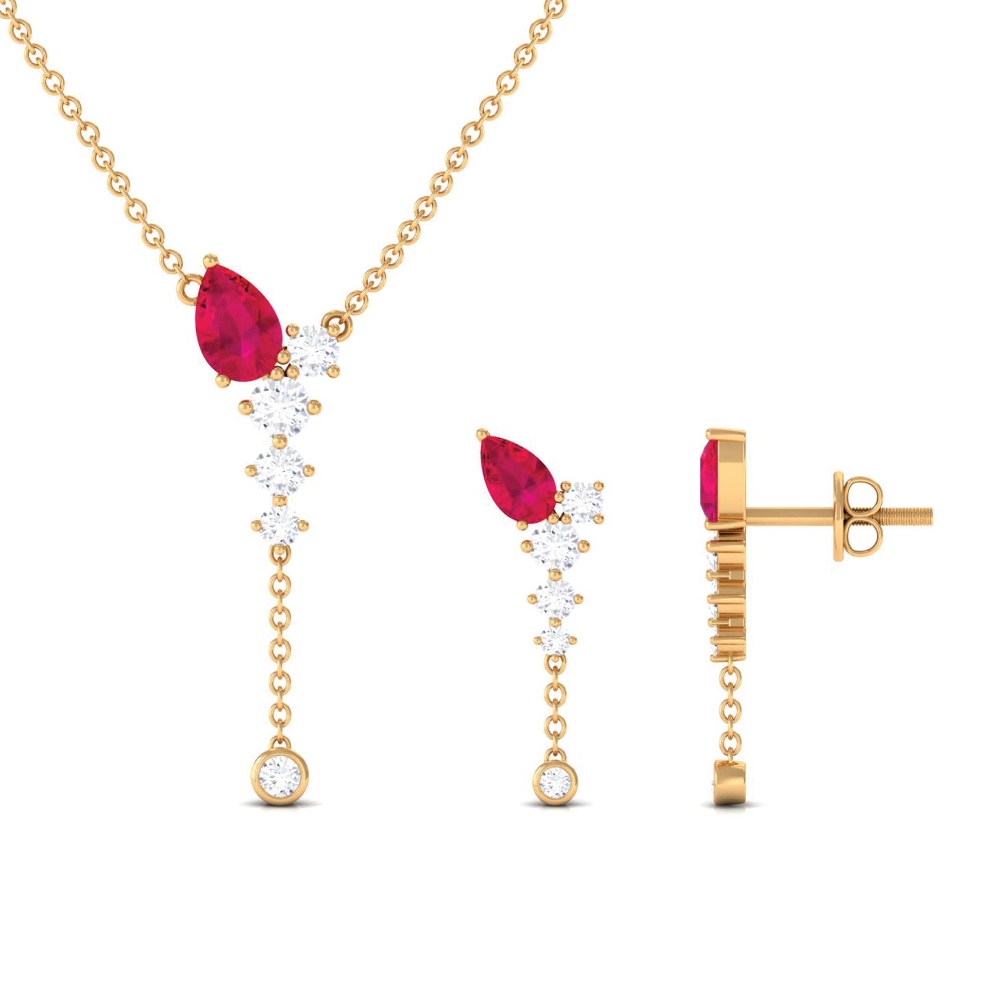 Minimal Ruby Dangle Necklace and Earrings Set with Diamond Ruby - ( AAA ) - Quality - Rosec Jewels