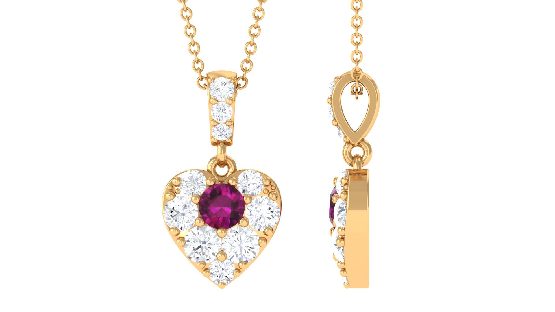 Round Rhodolite and Moissanite Heart Pendant with Decorative Bail Rhodolite - ( AAA ) - Quality - Rosec Jewels