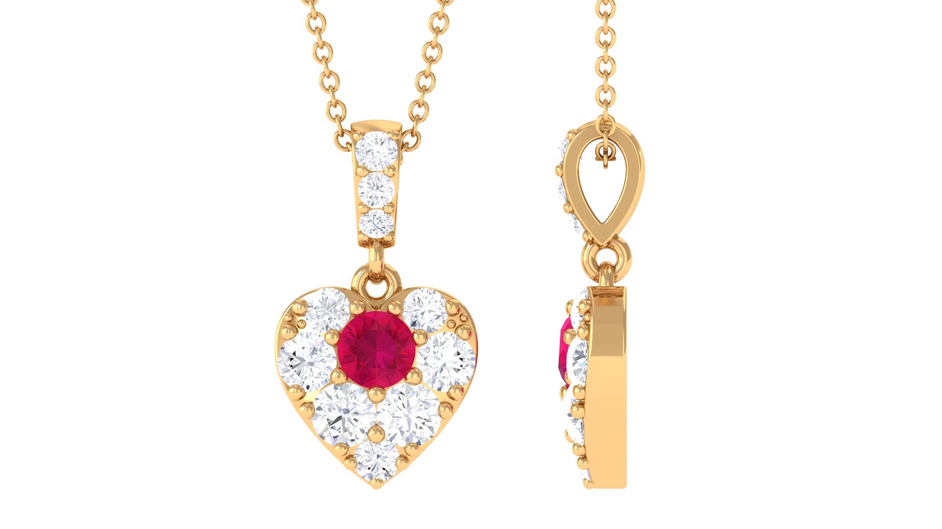 Round Ruby and Moissanite Heart Pendant with Decorative Bail Ruby - ( AAA ) - Quality - Rosec Jewels