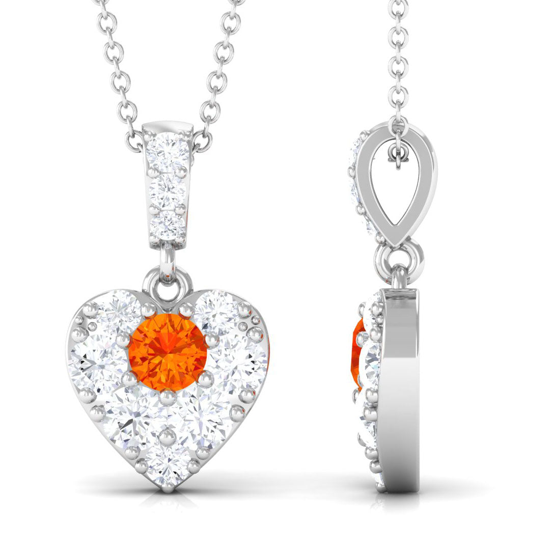 Orange Sapphire and Moissanite Heart Pendant Necklace Orange Sapphire - ( AAA ) - Quality - Rosec Jewels