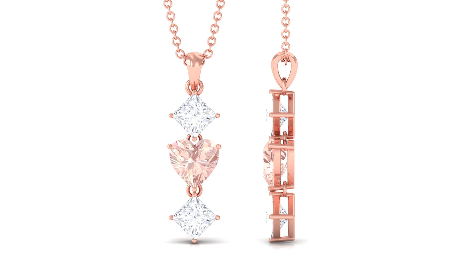 Heart Shape Morganite Dangle Pendant Necklace with Moissanite Morganite - ( AAA ) - Quality - Rosec Jewels