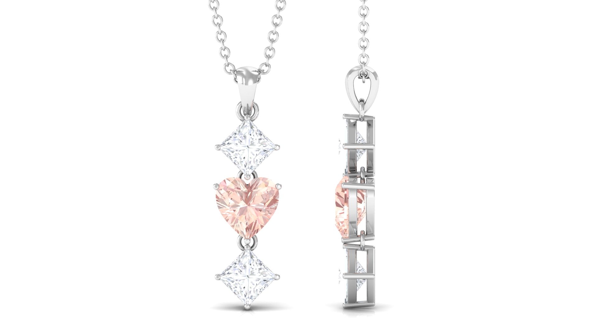 Heart Shape Morganite Dangle Pendant Necklace with Moissanite Morganite - ( AAA ) - Quality - Rosec Jewels