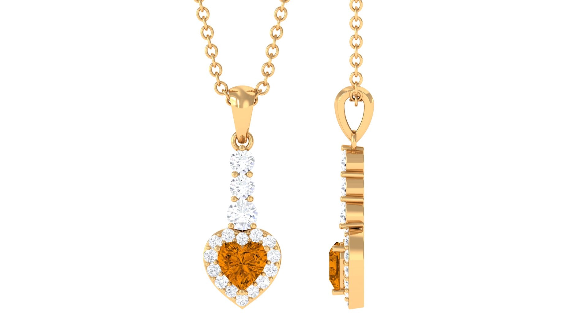 Heart Shape Citrine Drop Pendant Necklace with Diamond Citrine - ( AAA ) - Quality - Rosec Jewels