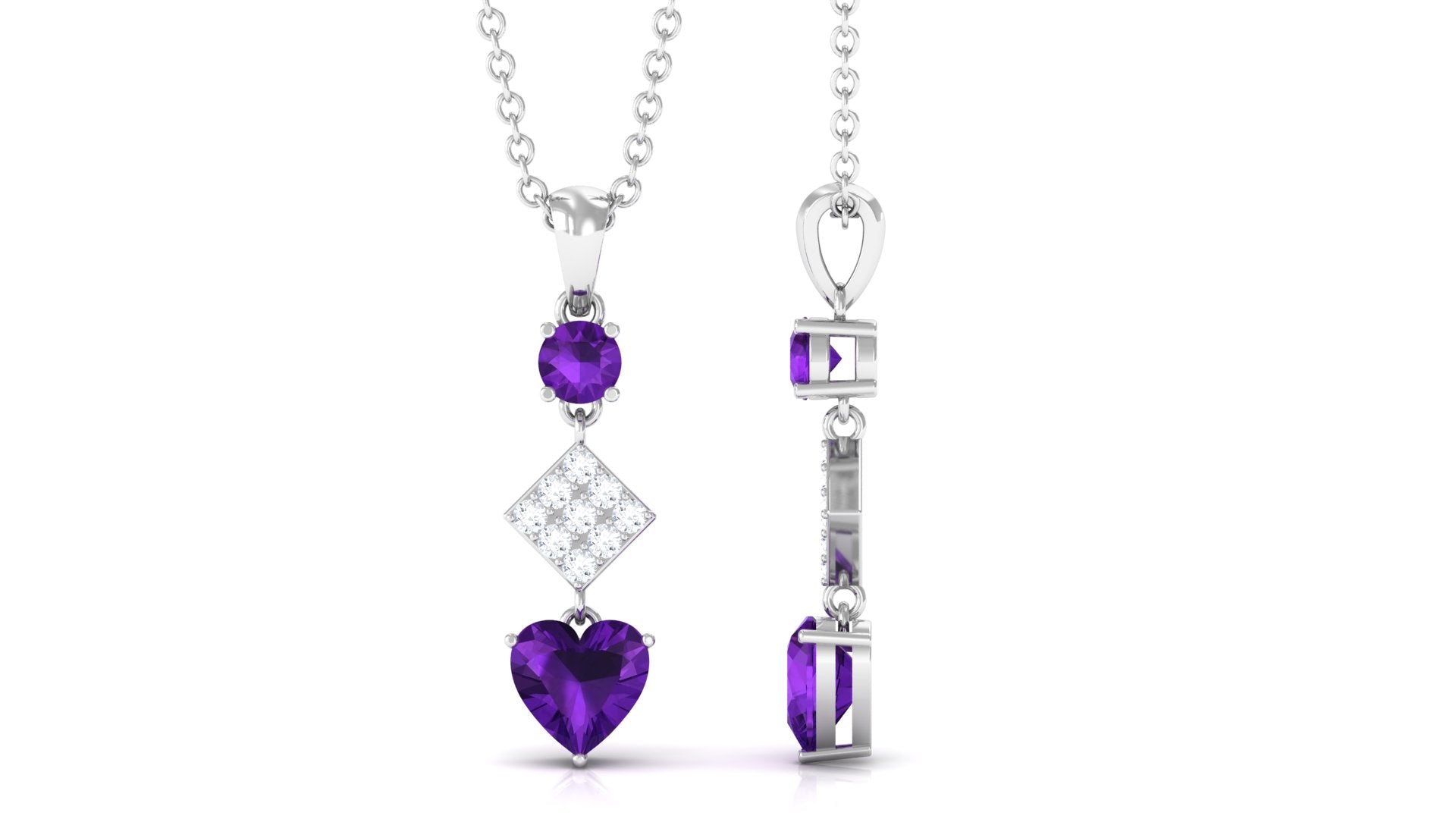 Round and Heart Shape Amethyst Dangle Pendant with Diamond Amethyst - ( AAA ) - Quality - Rosec Jewels