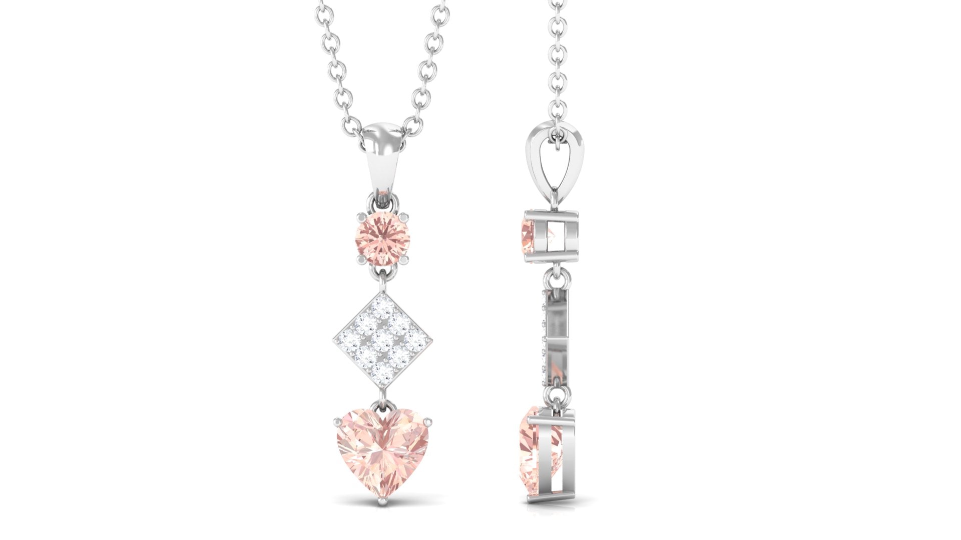 Unique Morganite and Diamond Heart Dangle Pendant with Chain Morganite - ( AAA ) - Quality - Rosec Jewels