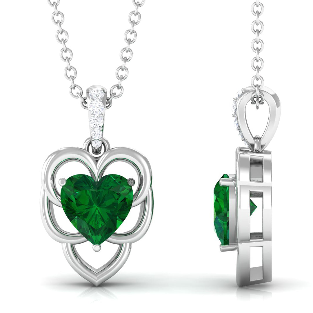 Heart Shape Created Emerald Leaf Pendant with Diamond Accent Bail Lab Created Emerald - ( AAAA ) - Quality - Rosec Jewels