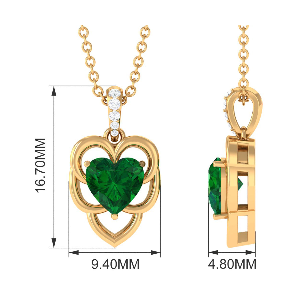 Heart Shape Created Emerald Leaf Pendant with Diamond Accent Bail Lab Created Emerald - ( AAAA ) - Quality - Rosec Jewels