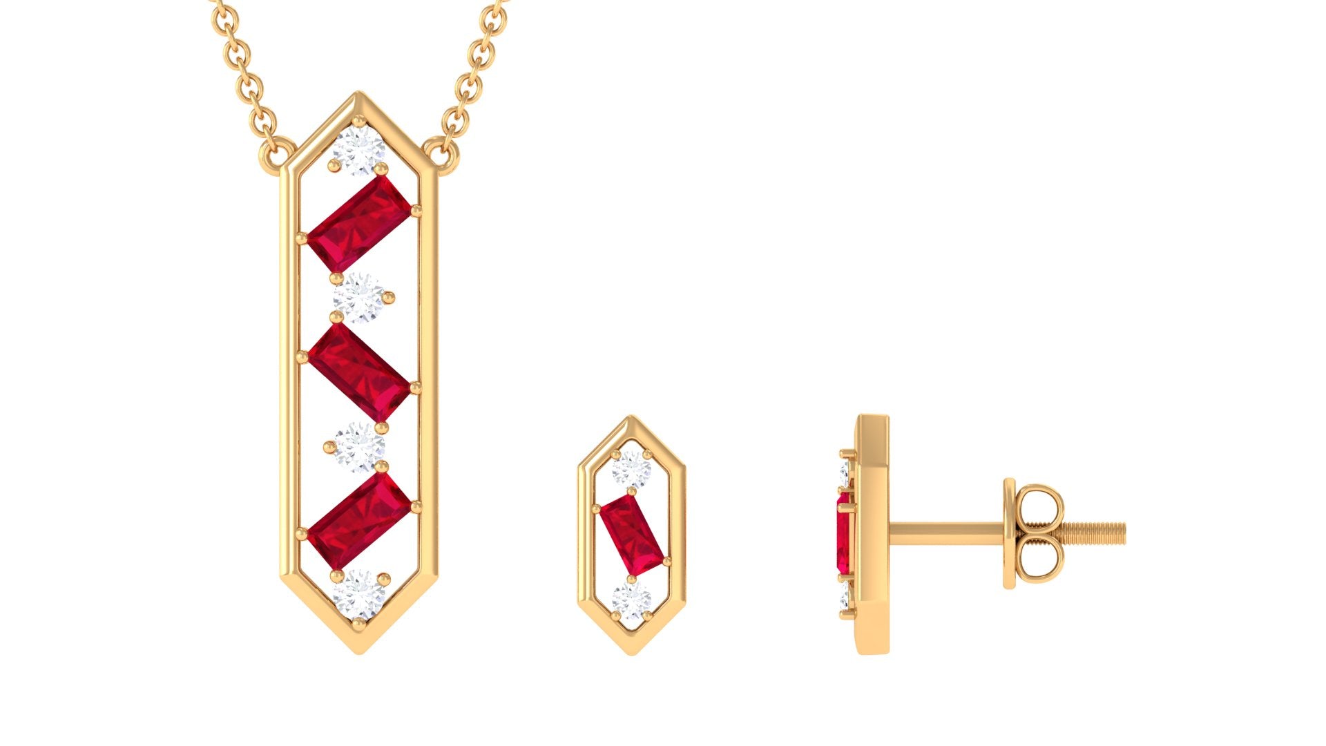 Contemporary Created Ruby and Diamond Dangle Jewelry Set Lab Created Ruby - ( AAAA ) - Quality - Rosec Jewels