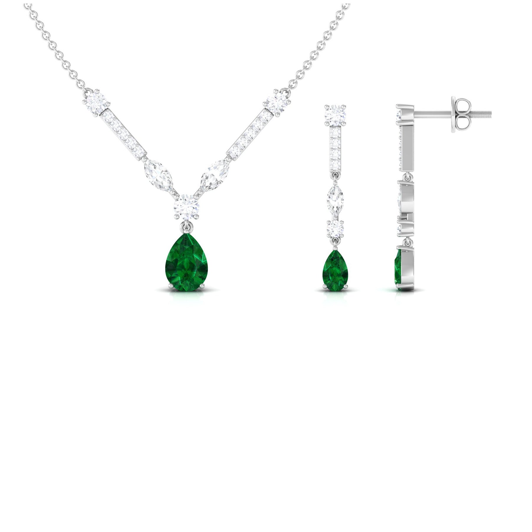 Created Emerald and Moissanite Drop Necklace Earrings Set Lab Created Emerald - ( AAAA ) - Quality - Rosec Jewels