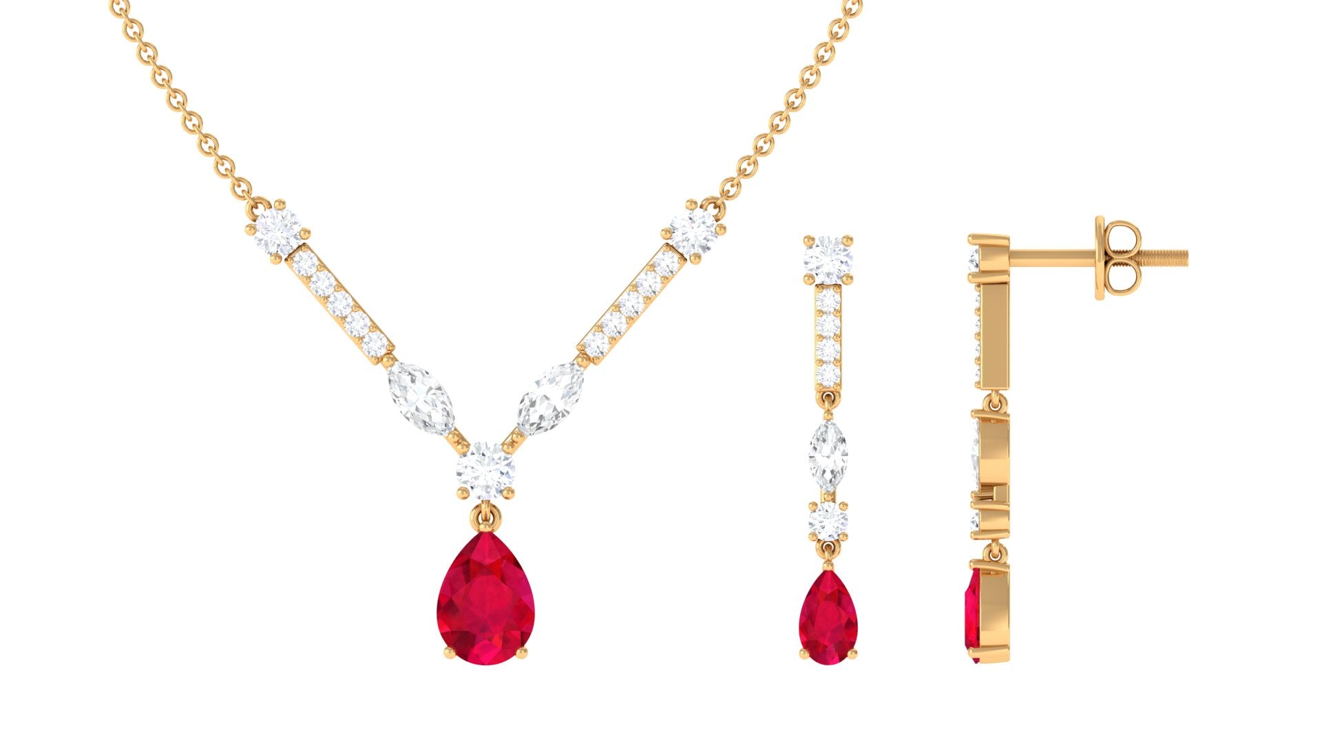 Created Ruby and Moissanite Drop Necklace Earrings Set Lab Created Ruby - ( AAAA ) - Quality - Rosec Jewels