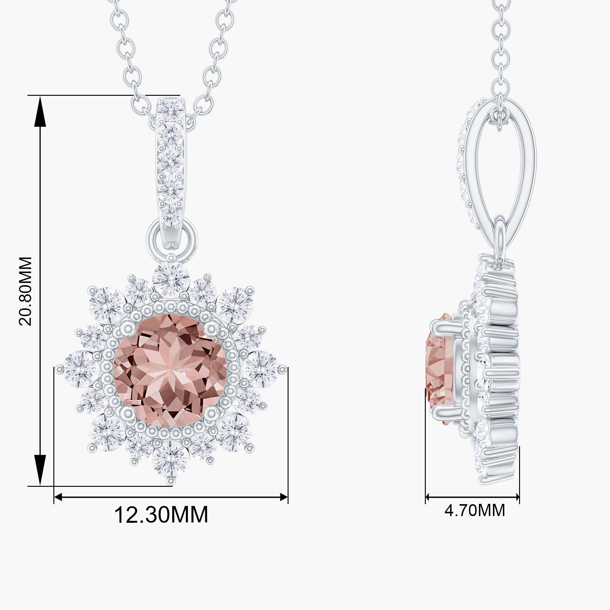 Round Morganite and Diamond Halo Pendant Necklace Morganite - ( AAA ) - Quality - Rosec Jewels