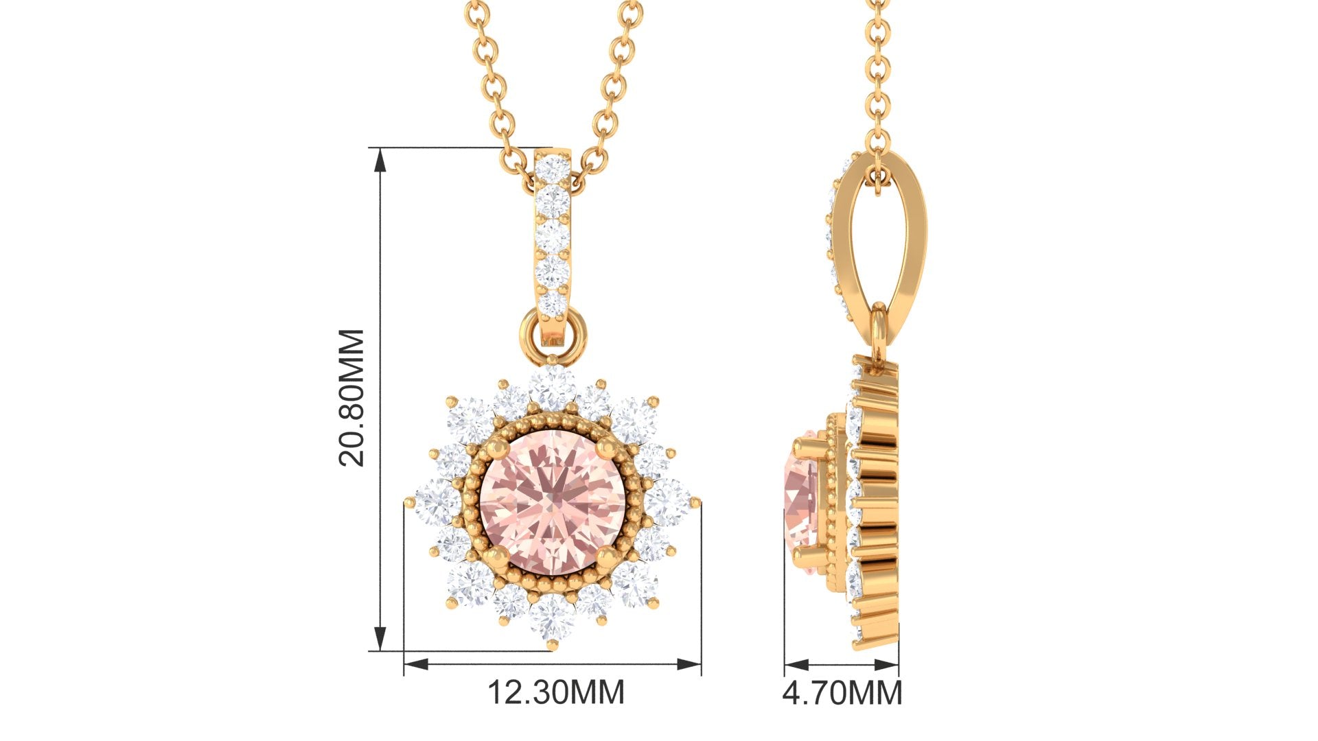 Round Morganite and Diamond Halo Pendant Necklace Morganite - ( AAA ) - Quality - Rosec Jewels