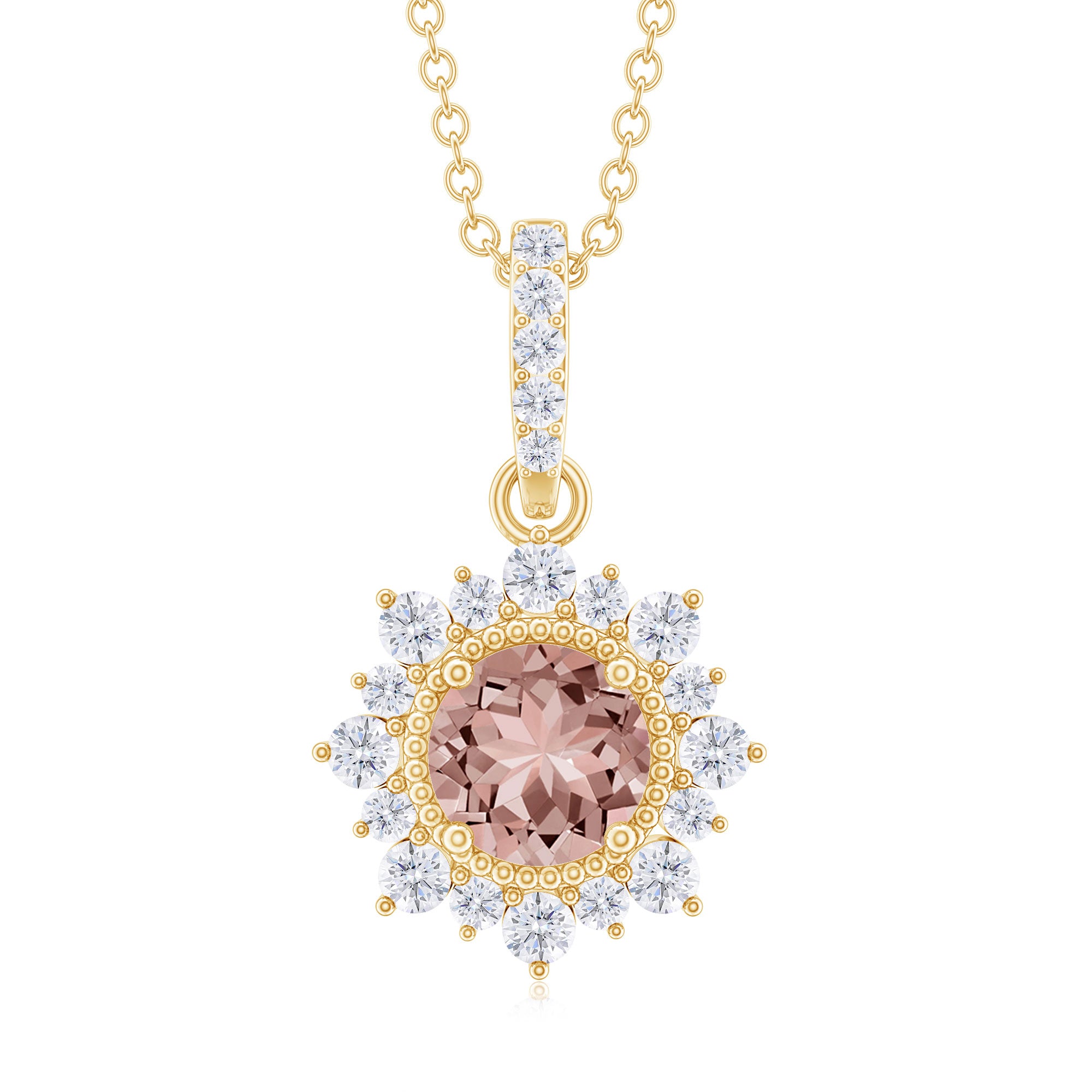 Round Morganite and Diamond Halo Pendant Necklace Morganite - ( AAA ) - Quality - Rosec Jewels