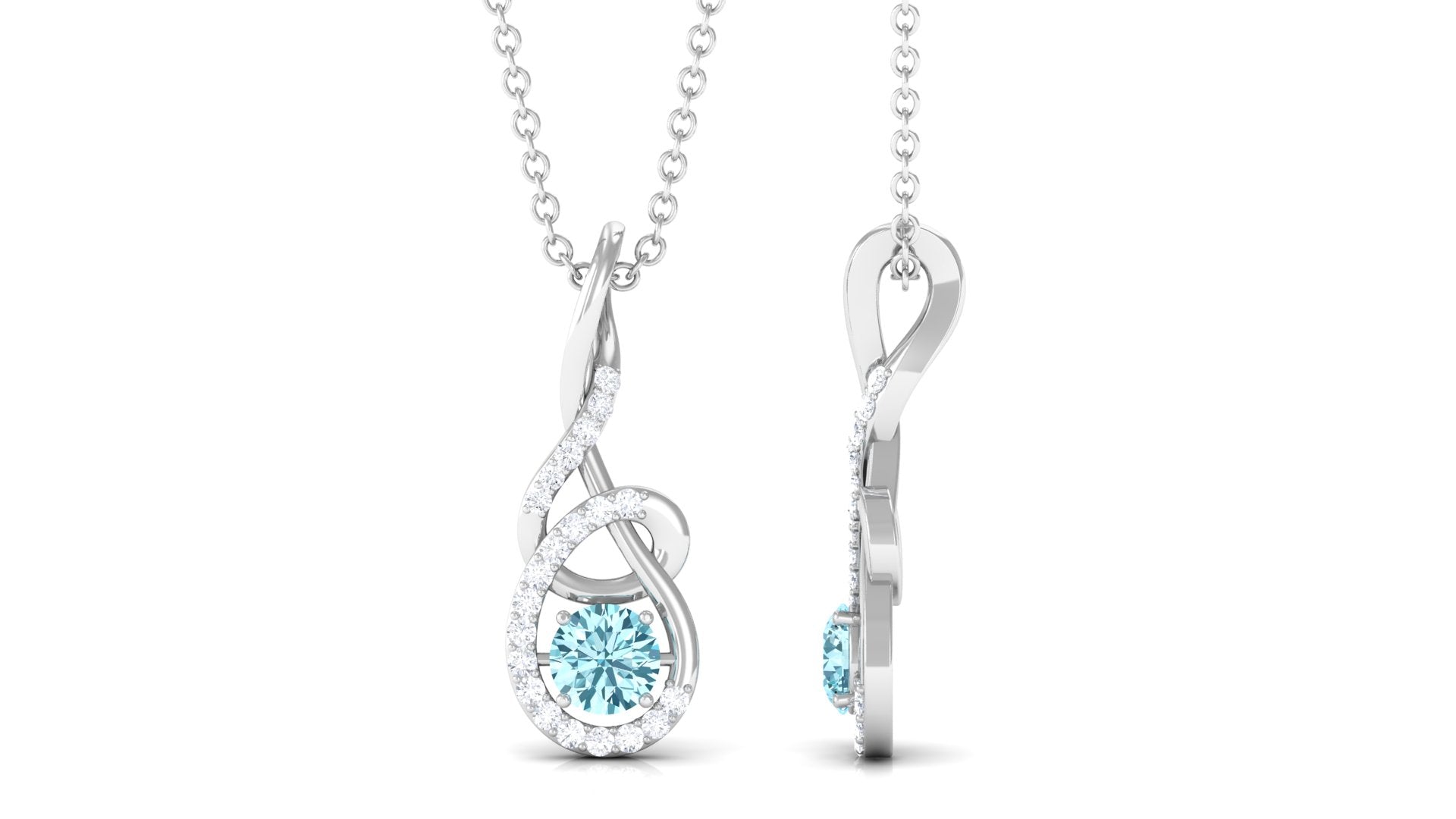 Round Aquamarine and Diamond Twisted Pendant Necklace Aquamarine - ( AAA ) - Quality - Rosec Jewels