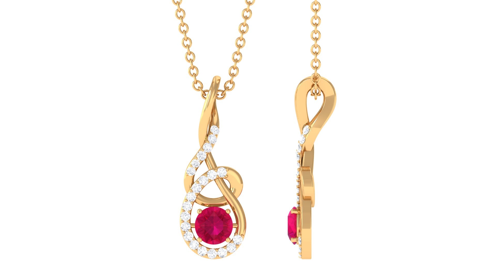 Designer Round Ruby and Diamond Twisted Drop Pendant Ruby - ( AAA ) - Quality - Rosec Jewels