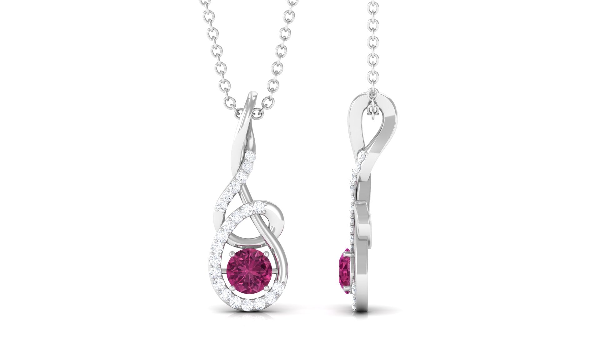 Round Pink Tourmaline and Diamond Twisted Pendant Necklace Pink Tourmaline - ( AAA ) - Quality - Rosec Jewels