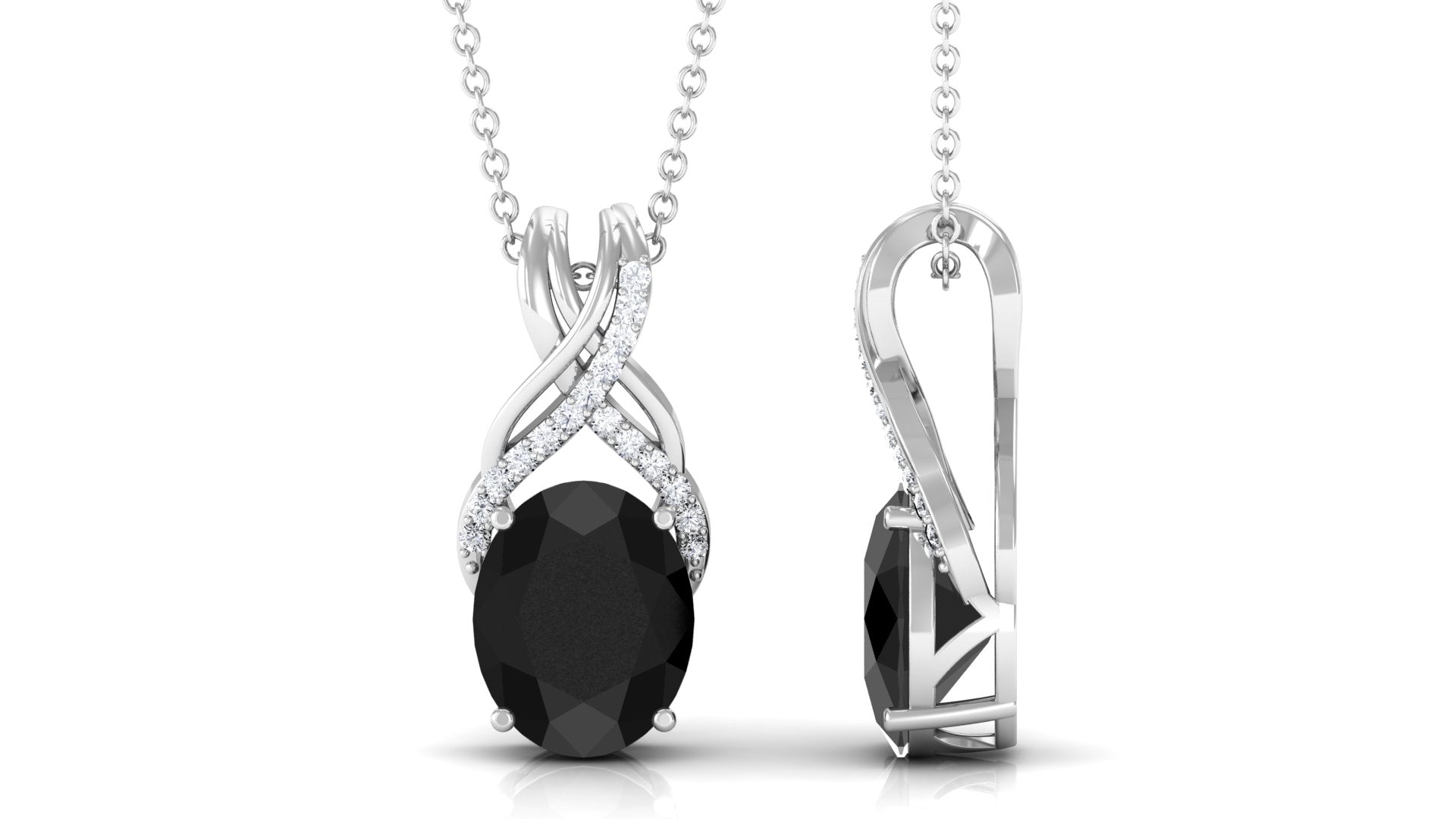 Oval Created Black Diamond Solitaire Pendant with Diamond Twisted Bail Lab Created Black Diamond - ( AAAA ) - Quality - Rosec Jewels