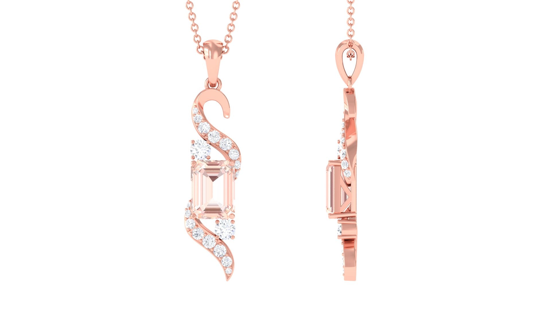 Emerald Cut Morganite and Diamond Drop Pendant Necklace Morganite - ( AAA ) - Quality - Rosec Jewels