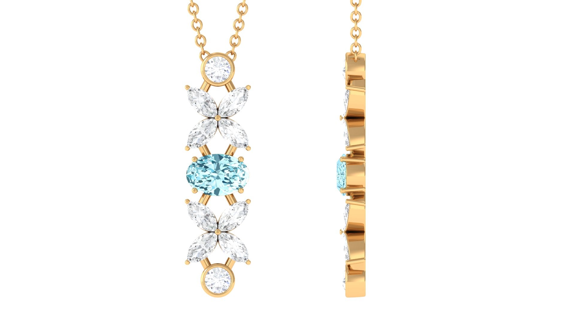 Natural Aquamarine and Diamond Flower Dangle Necklace Aquamarine - ( AAA ) - Quality - Rosec Jewels