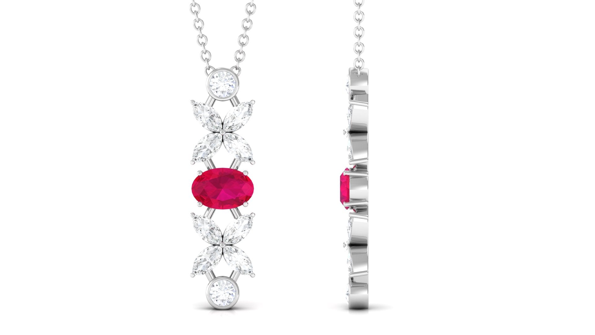 Oval Ruby and Diamond Flower Dangle Necklace Ruby - ( AAA ) - Quality - Rosec Jewels