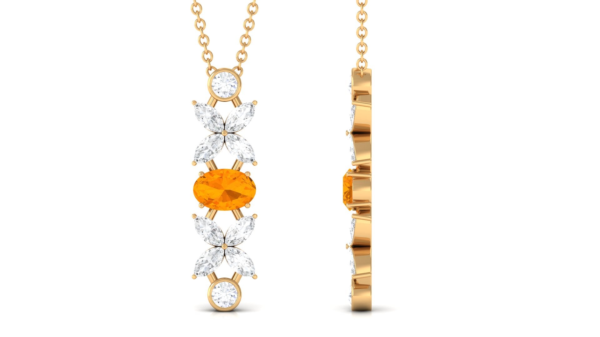 Oval Fire Opal and Moissanite Flower Dangle Necklace in Gold Fire Opal - ( AAA ) - Quality - Rosec Jewels