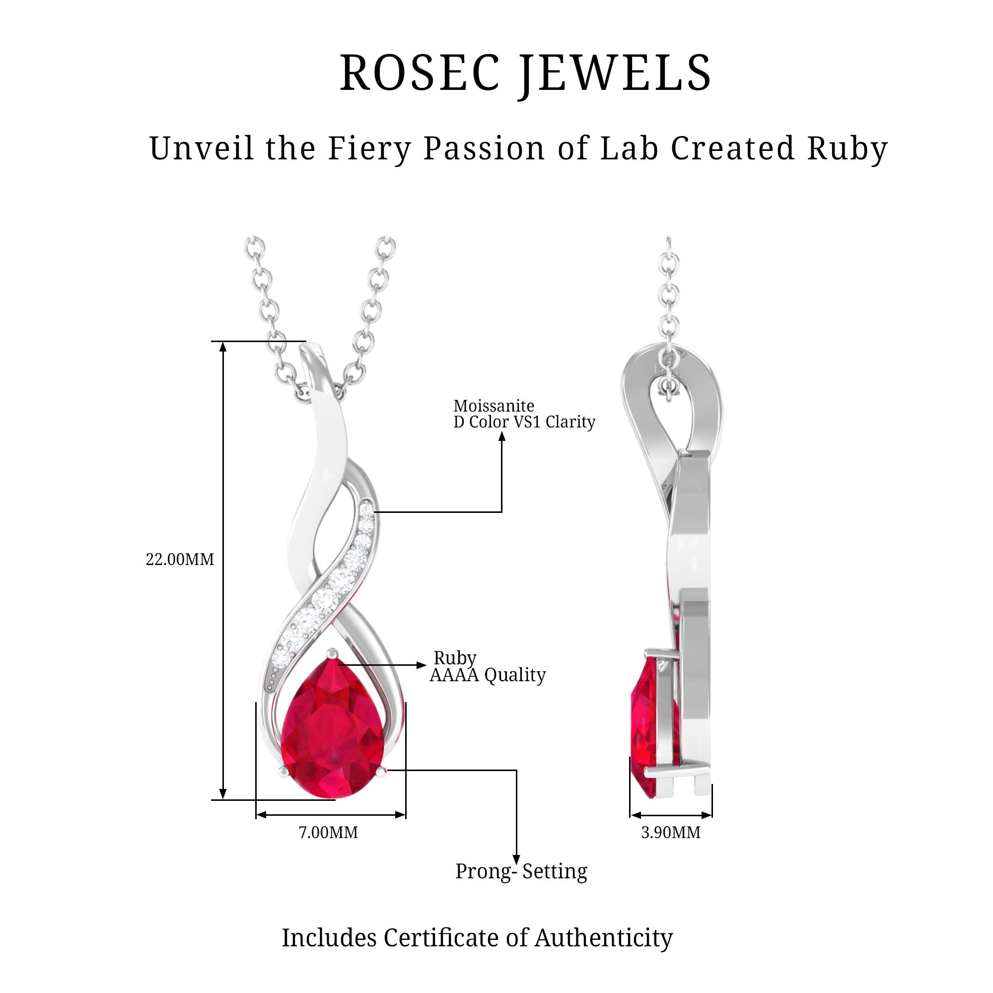 3/4 CT Created Ruby Teardrop Infinity Pendant with Moissanite Lab Created Ruby - ( AAAA ) - Quality - Rosec Jewels