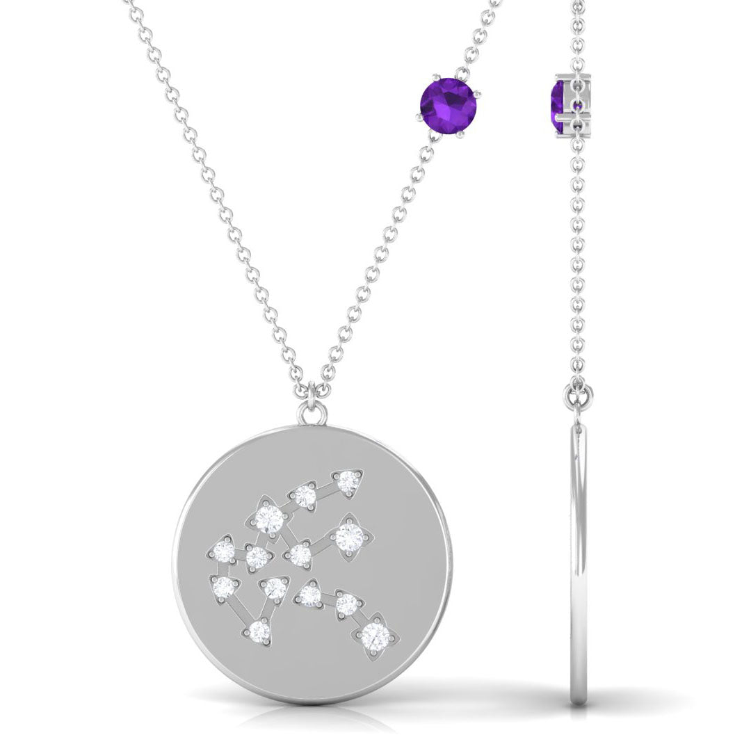 Amethyst Aquarius Constellation Disc Pendant with Moissanite Amethyst - ( AAA ) - Quality - Rosec Jewels