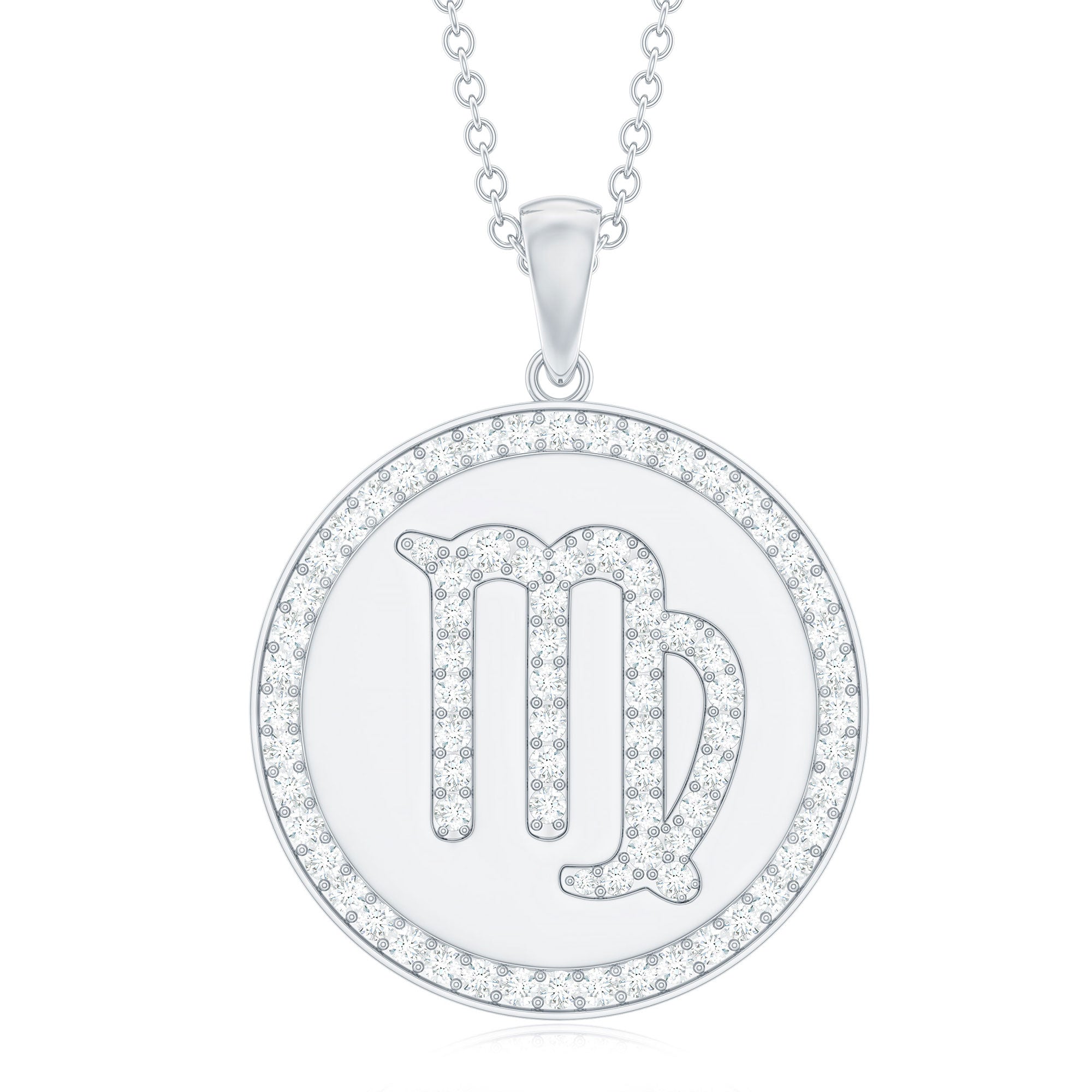 Virgo Zodiac Sign Disc Pendant with Pave Set Moissanite Moissanite - ( D-VS1 ) - Color and Clarity - Rosec Jewels