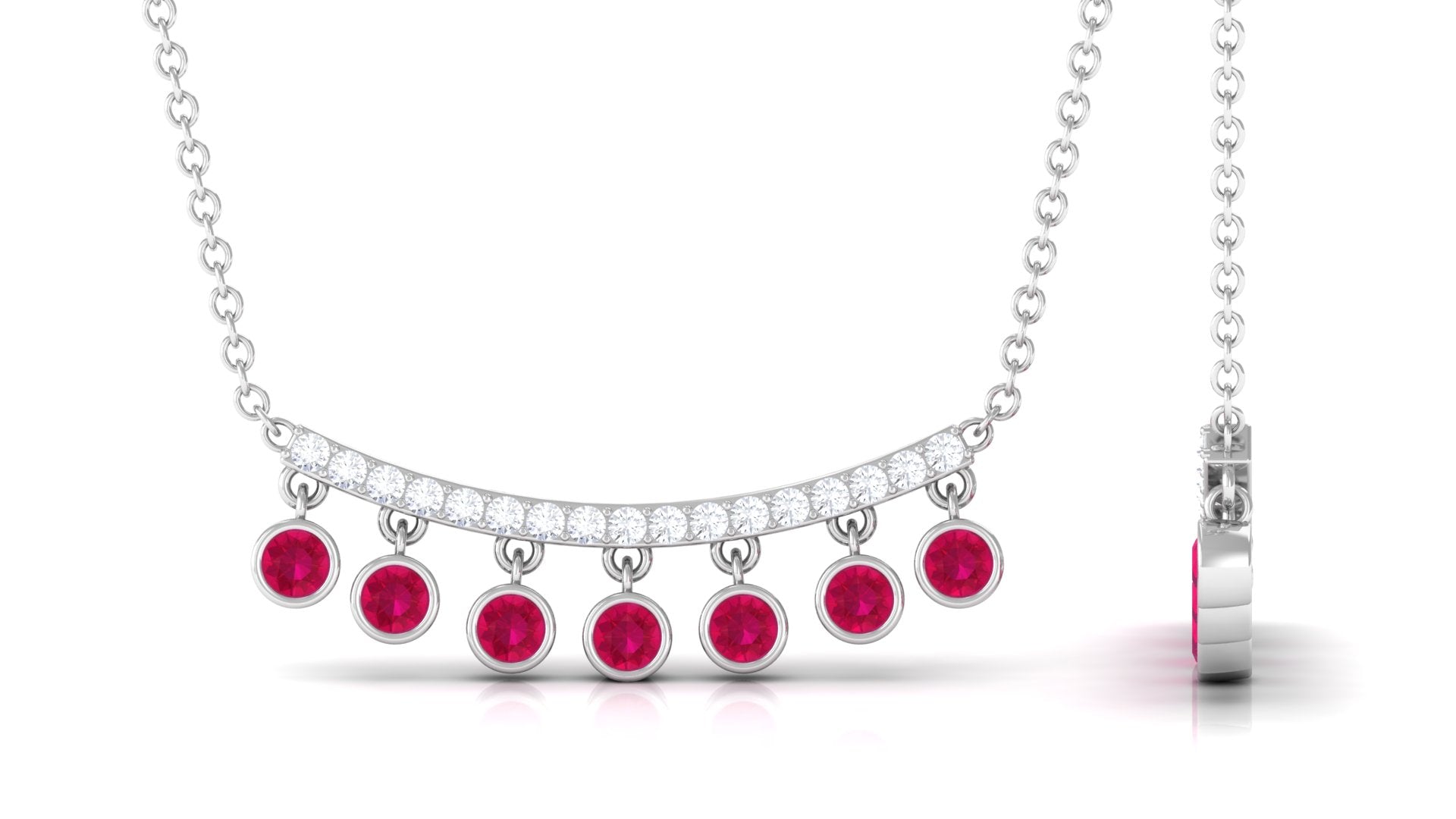 Bezel Set Ruby Seven Stone Bar Necklace with Diamond Ruby - ( AAA ) - Quality - Rosec Jewels