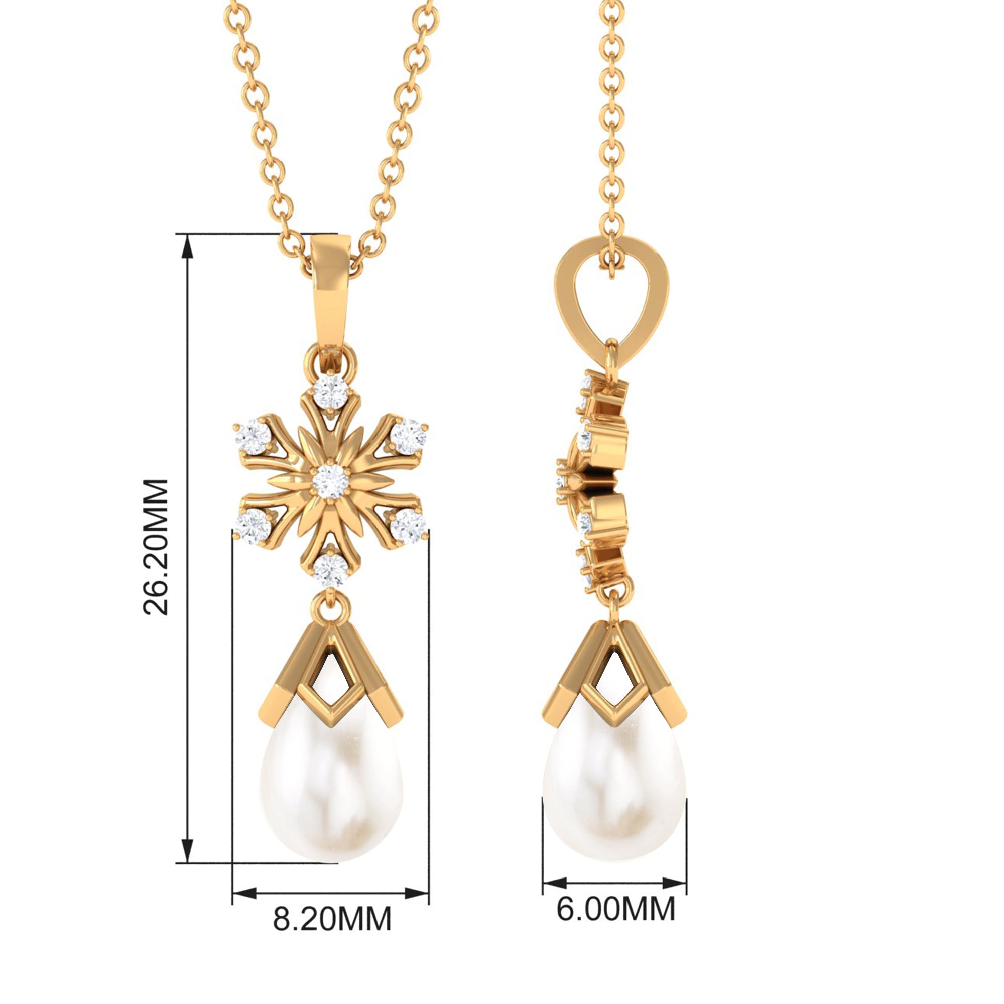 Diamond Snowflake Freshwater Pearl Dangle Drop Pendant Freshwater Pearl - ( AAA ) - Quality - Rosec Jewels