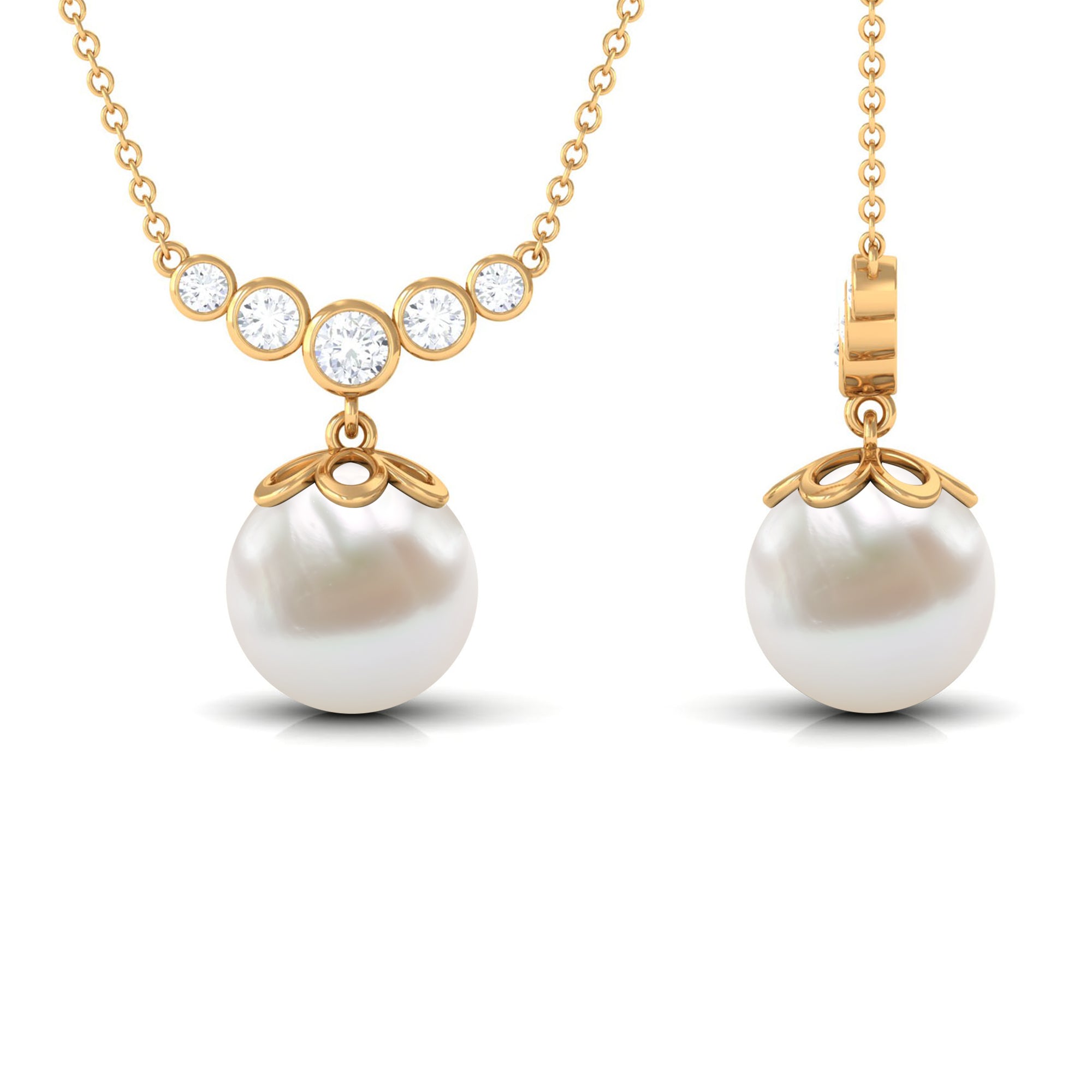 Round Freshwater Pearl Designer Necklace with Bezel Set Diamond Freshwater Pearl - ( AAA ) - Quality - Rosec Jewels