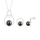 Open Oval Shape Necklace Earrings Set with Round Tahitian Pearl and Moissanite Tahitian pearl - ( AAA ) - Quality - Rosec Jewels