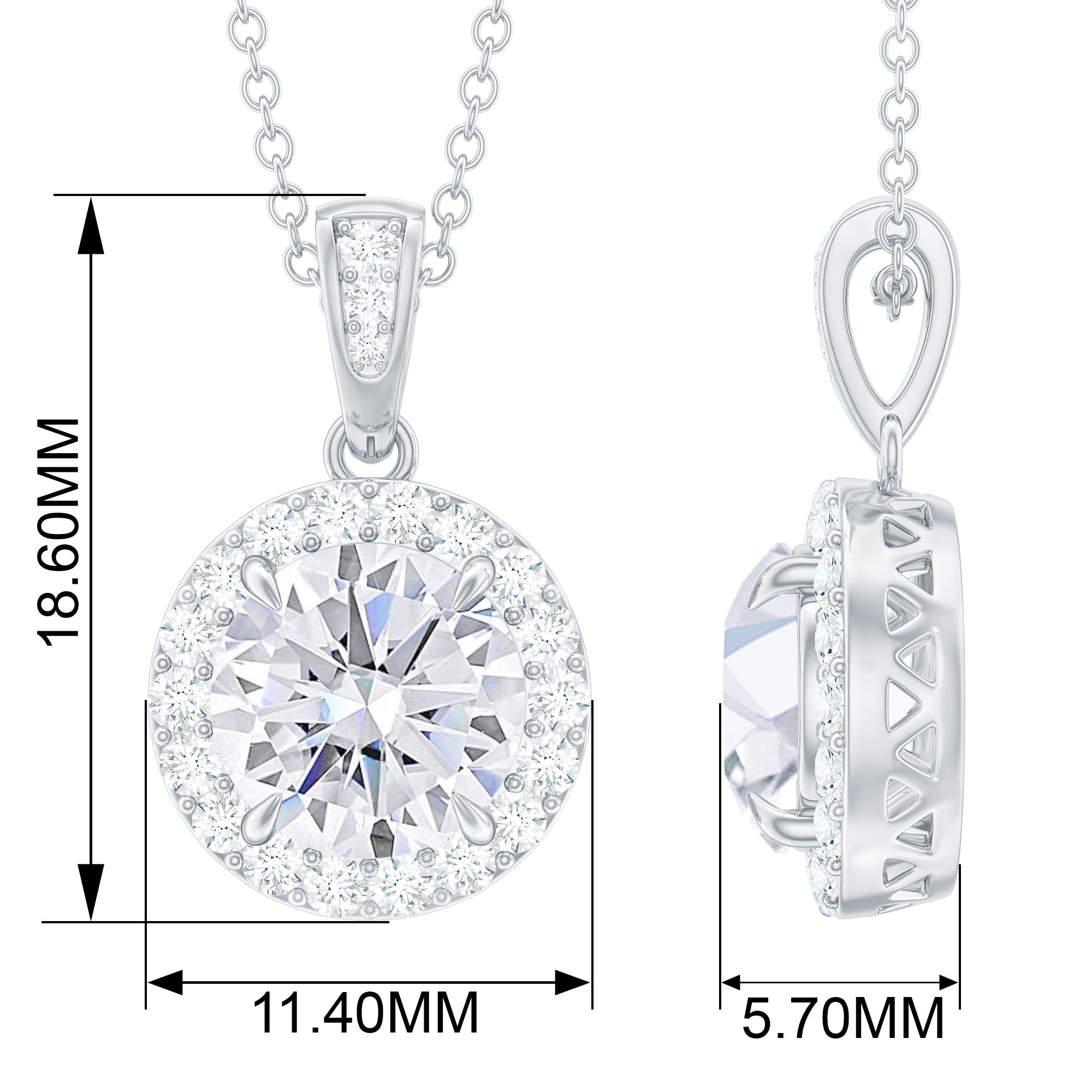 Round Moissanite Classic Halo Pendant Necklace Moissanite - ( D-VS1 ) - Color and Clarity - Rosec Jewels