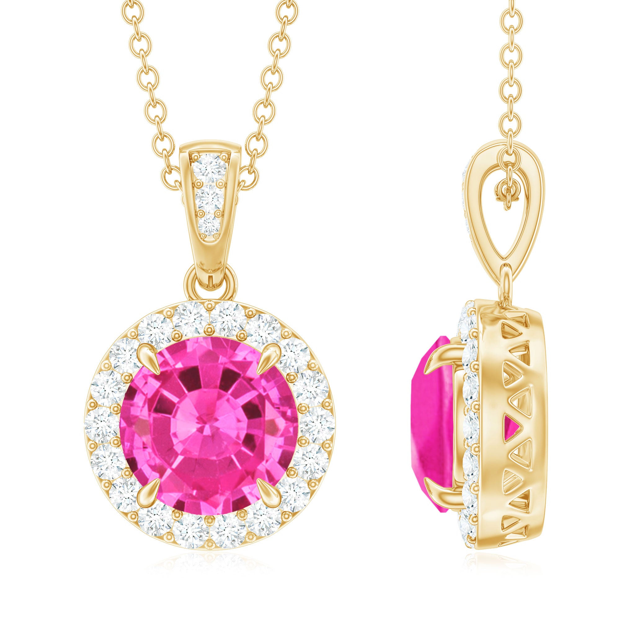 Lab-Created Pink Sapphire Halo Pendant with Diamond Lab Created Pink Sapphire - ( AAAA ) - Quality - Rosec Jewels