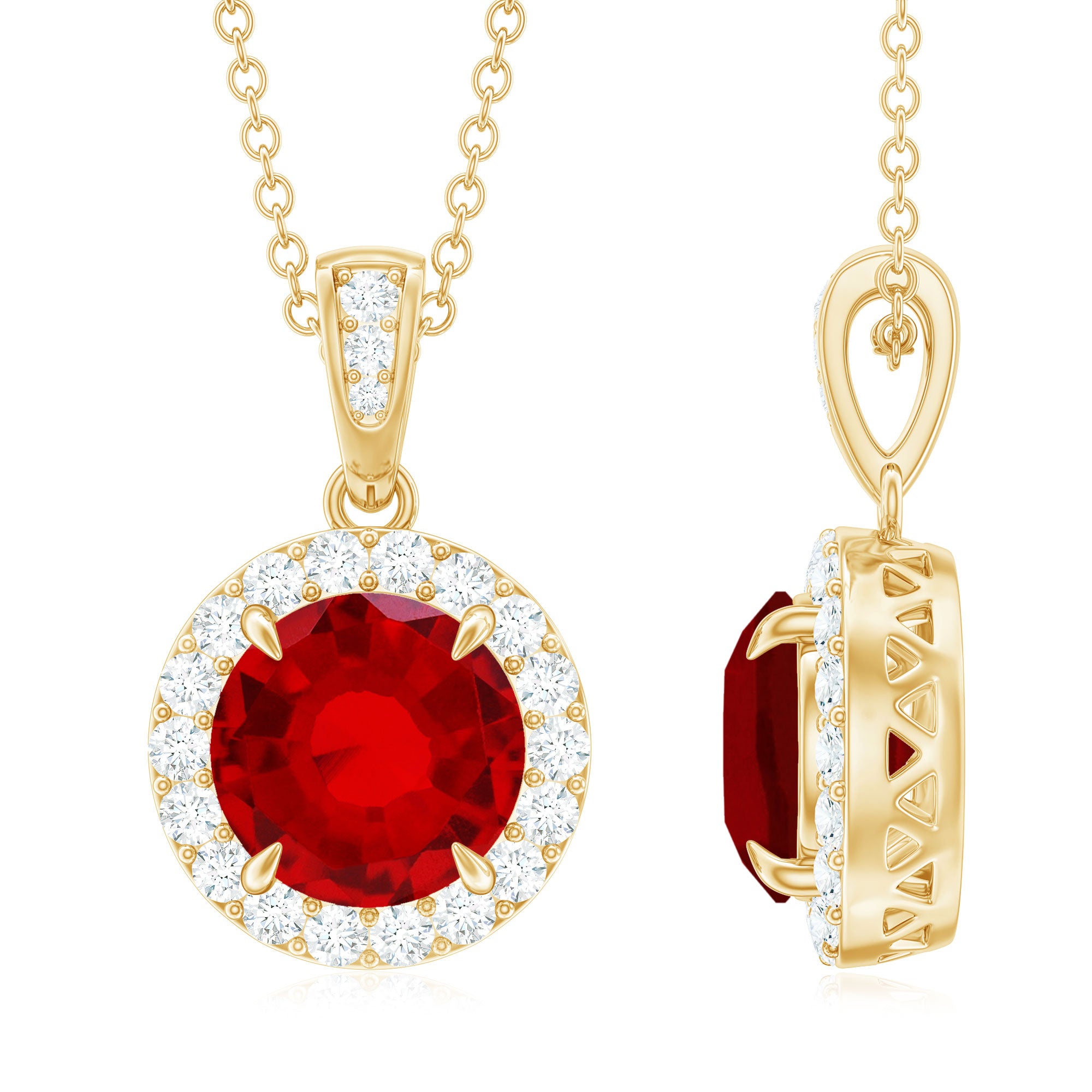 Round Created Ruby and Diamond Classic Halo Pendant Lab Created Ruby - ( AAAA ) - Quality - Rosec Jewels