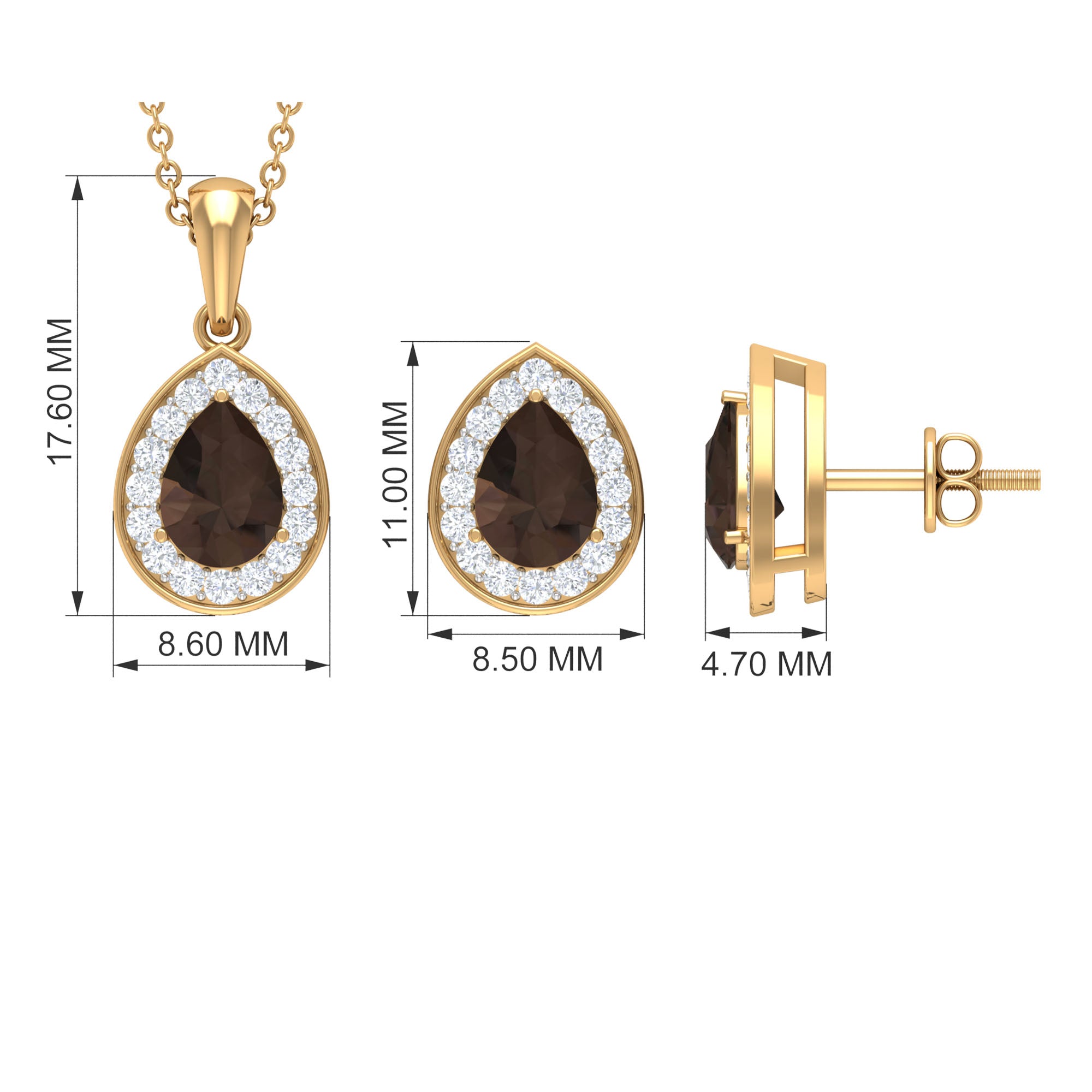 2.75 CT Pear Cut Smoky Quartz Teardrop jewelry Set with Moissanite Accent Smoky Quartz - ( AAA ) - Quality - Rosec Jewels