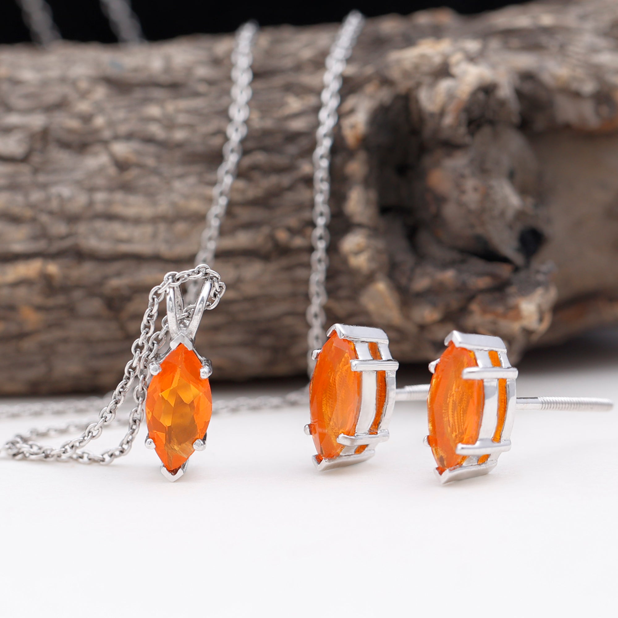 4X8 MM Marquise Cut Fire Opal Solitaire Pendant and Earring Set Fire Opal - ( AAA ) - Quality - Rosec Jewels