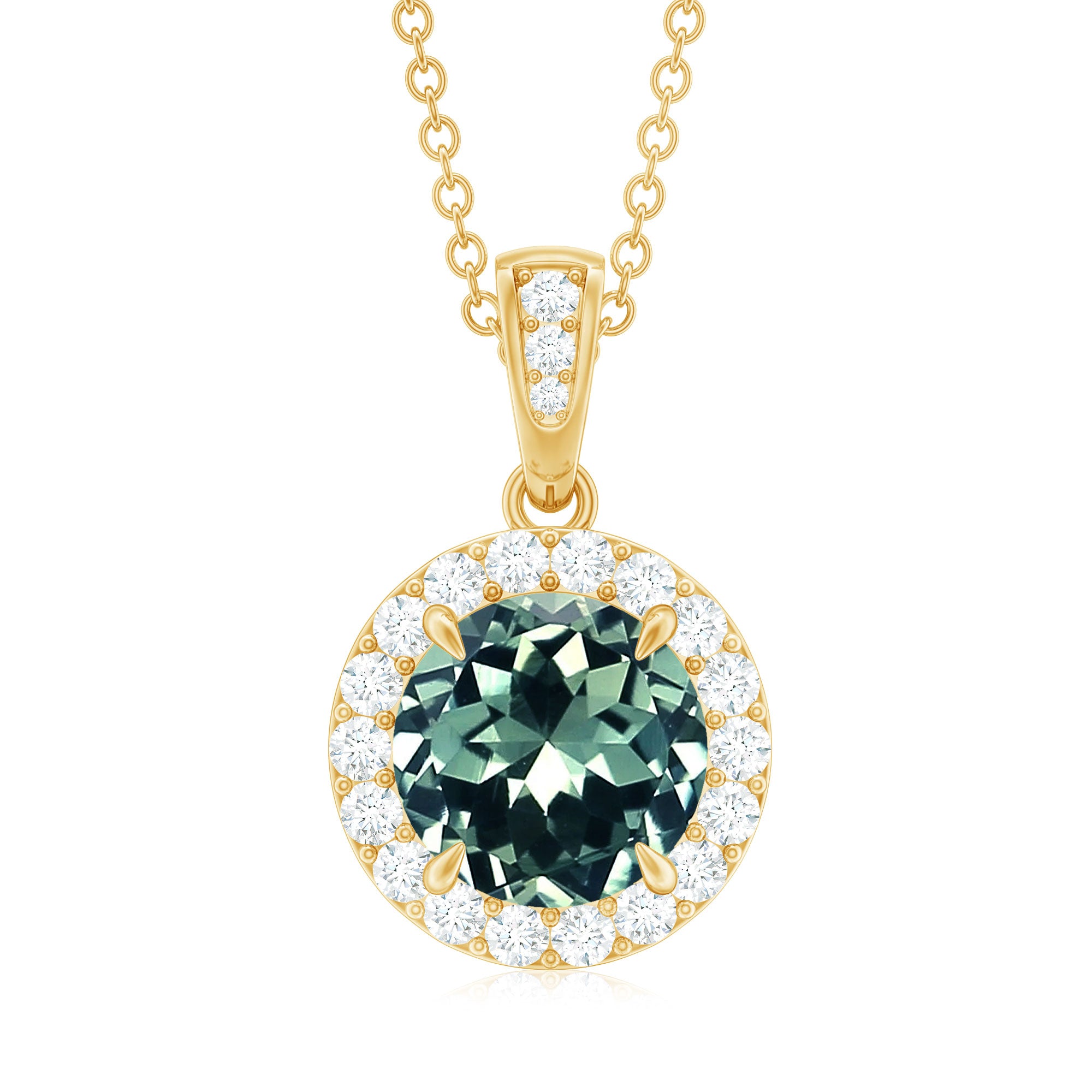 Created Green Sapphire and Moissanite Halo Pendant Necklace Lab Created Green Sapphire - ( AAAA ) - Quality - Rosec Jewels