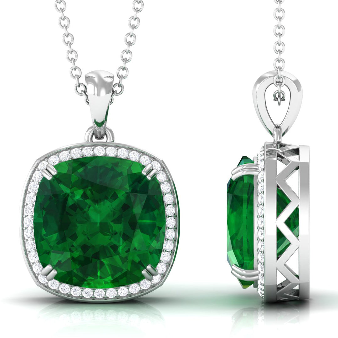 Cushion Cut Created Emerald and Moissanite Halo Pendant Necklace Lab Created Emerald - ( AAAA ) - Quality - Rosec Jewels