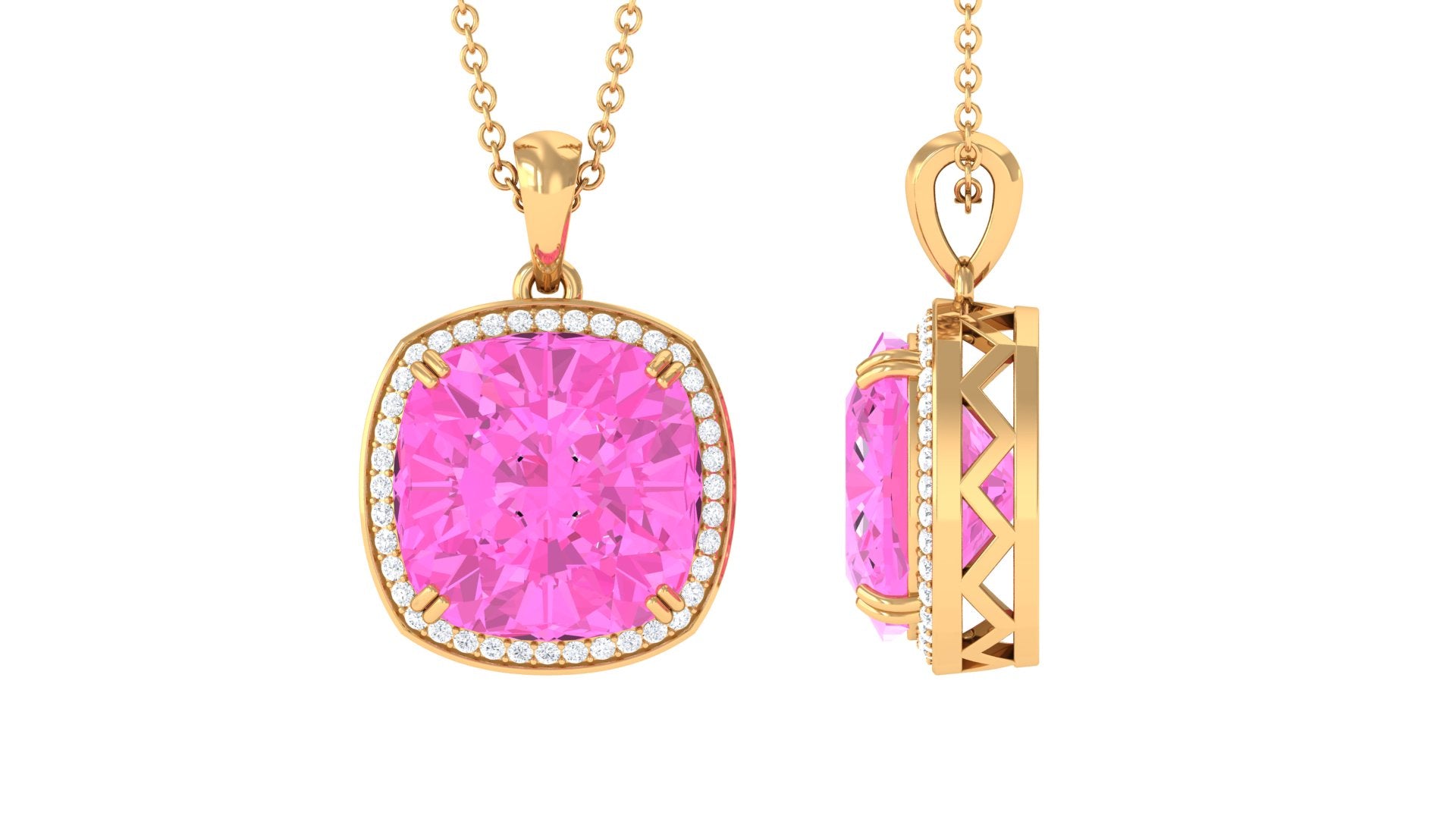 Created Pink Sapphire and Moissanite Halo Pendant Necklace Lab Created Pink Sapphire - ( AAAA ) - Quality - Rosec Jewels