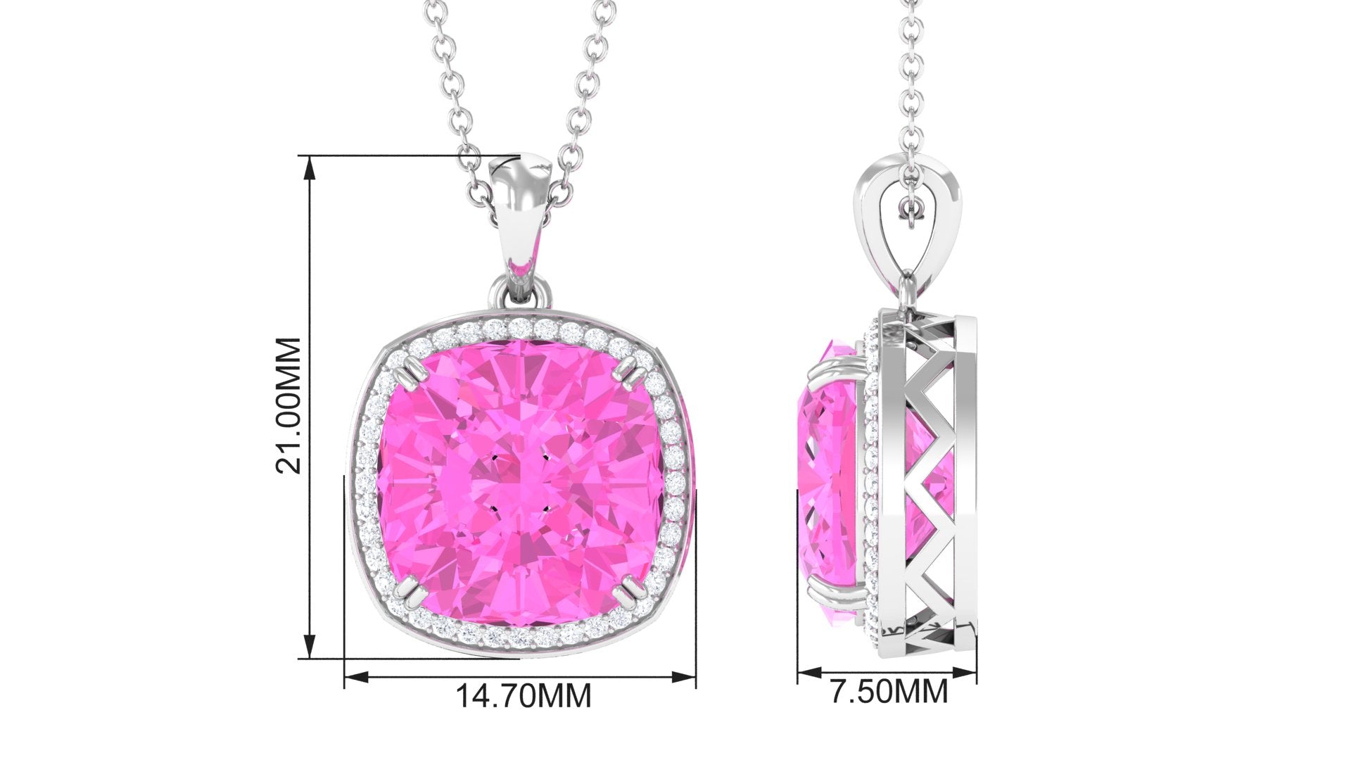 Created Pink Sapphire and Moissanite Halo Pendant Necklace Lab Created Pink Sapphire - ( AAAA ) - Quality - Rosec Jewels