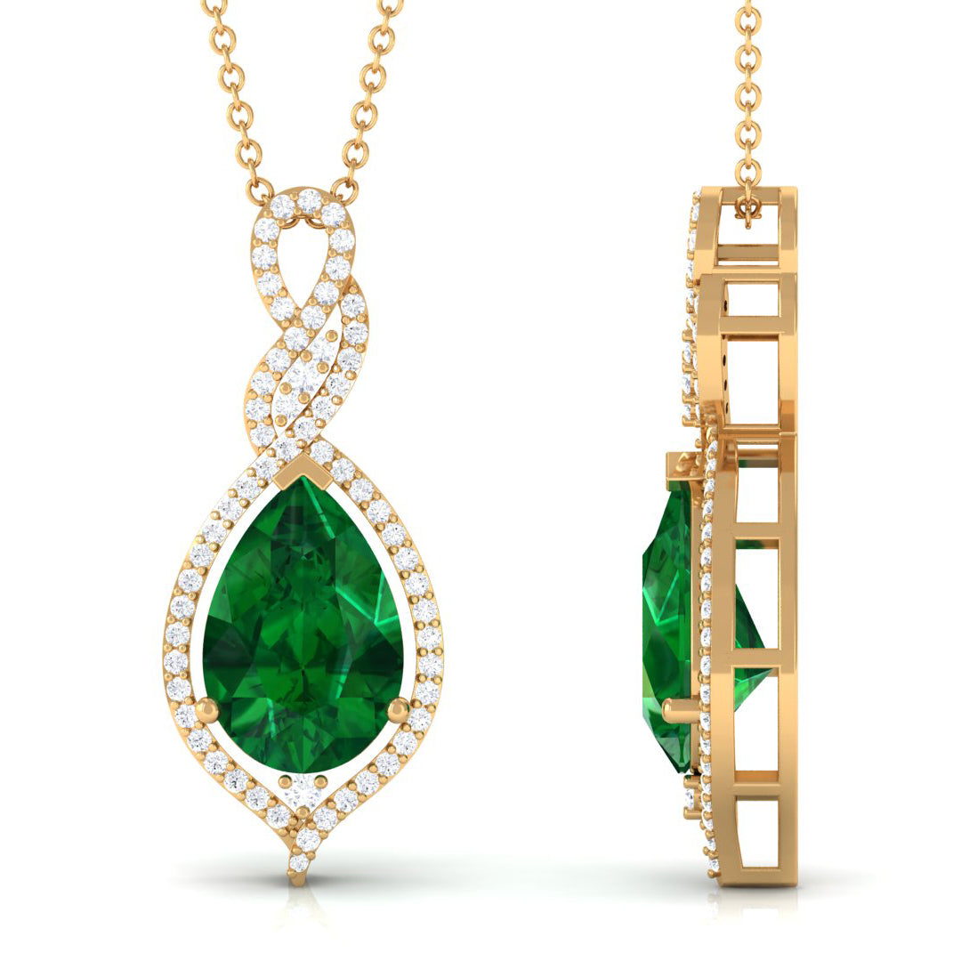 Pear Cut Created Emerald Teardrop Pendant with Diamond Lab Created Emerald - ( AAAA ) - Quality - Rosec Jewels