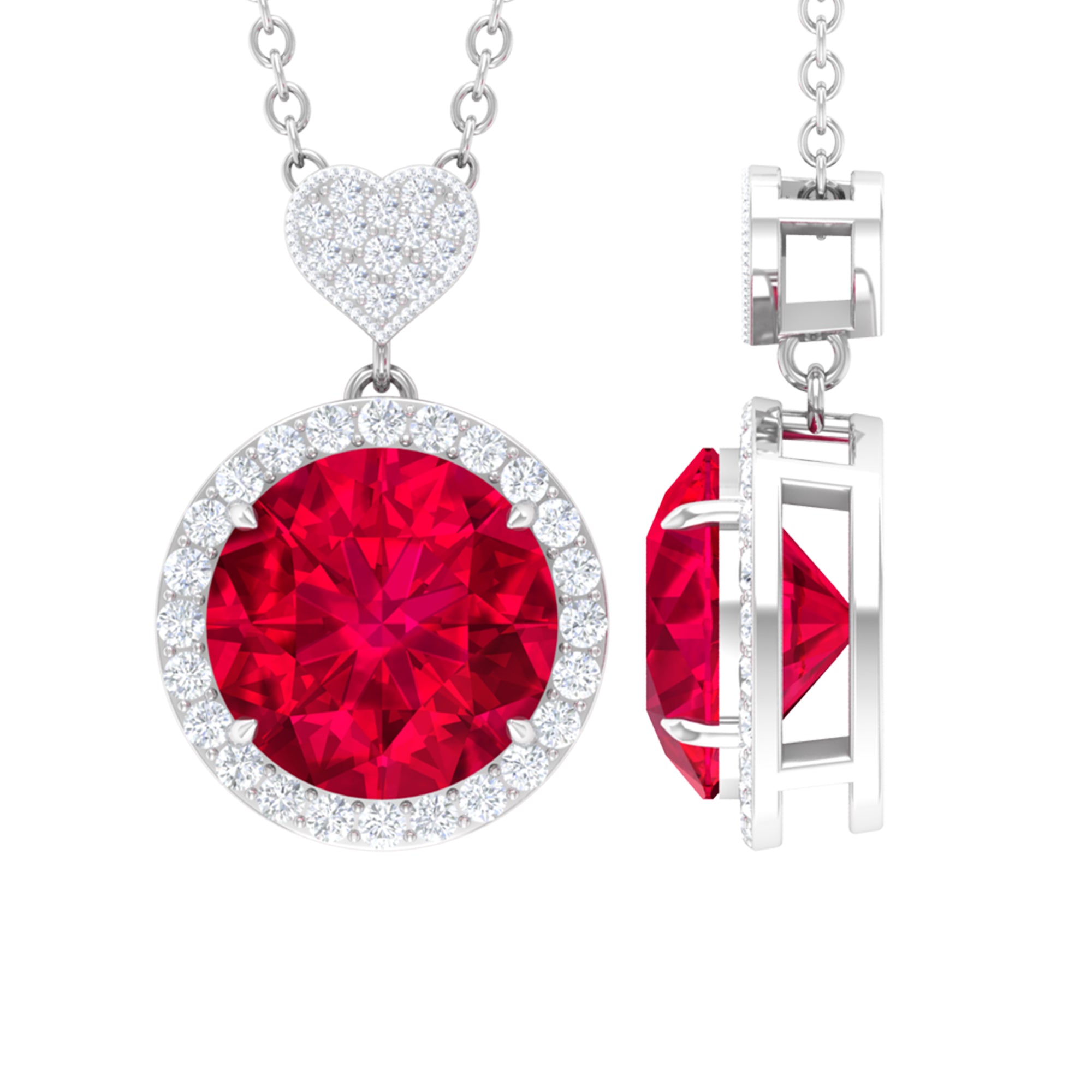 Created Ruby Halo Necklace with Diamond Heart Lab Created Ruby - ( AAAA ) - Quality - Rosec Jewels