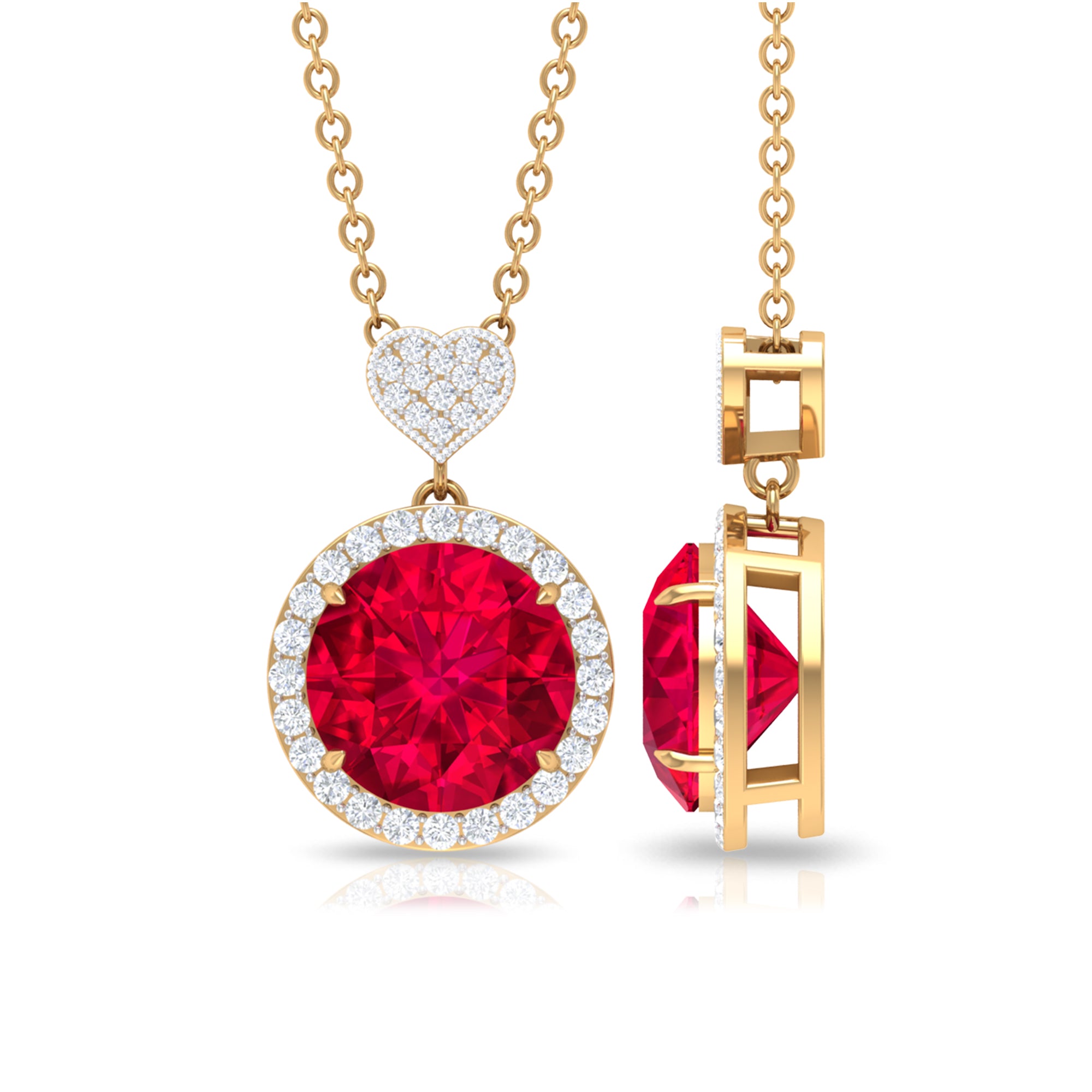 Created Ruby Halo Necklace with Diamond Heart Lab Created Ruby - ( AAAA ) - Quality - Rosec Jewels