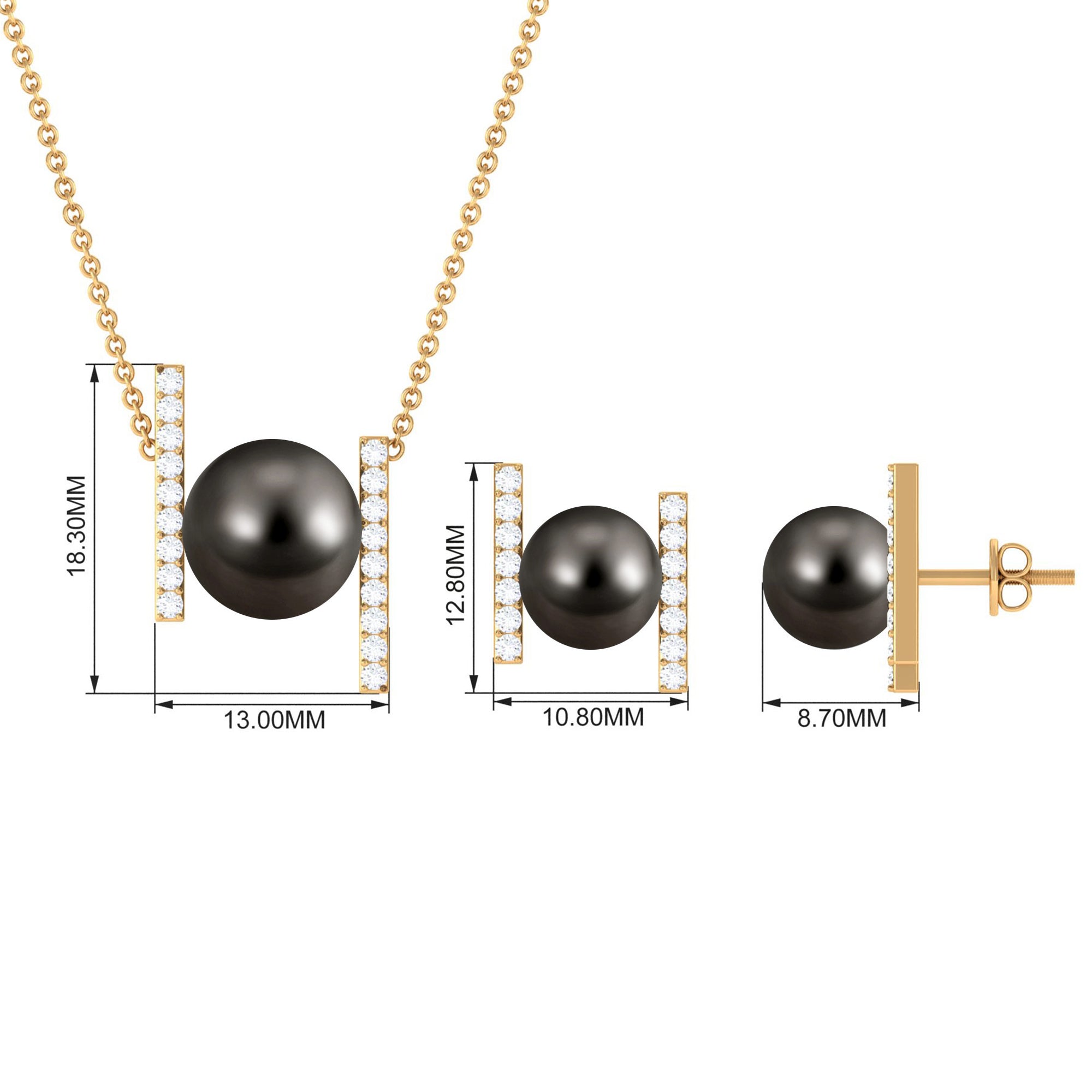 Black Tahitian Pearl Necklace and Earrings Set with Moissanite Tahitian pearl - ( AAA ) - Quality - Rosec Jewels