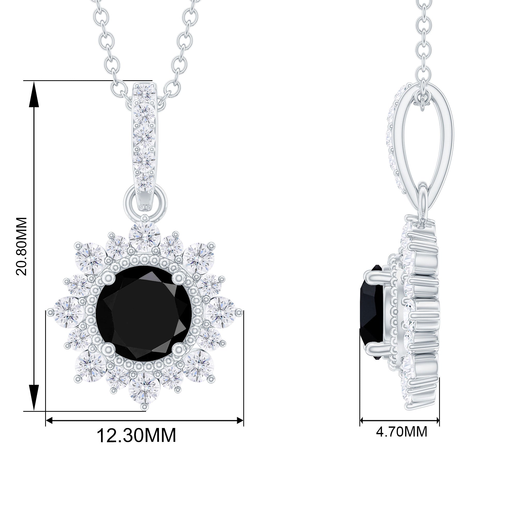 Created Black Diamond Pendant Necklace With Diamond Halo Lab Created Black Diamond - ( AAAA ) - Quality - Rosec Jewels