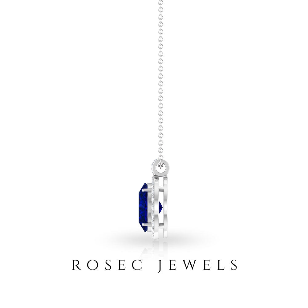 Created Blue Sapphire Oval Halo Pendant with Diamond Lab Created Blue Sapphire - ( AAAA ) - Quality - Rosec Jewels