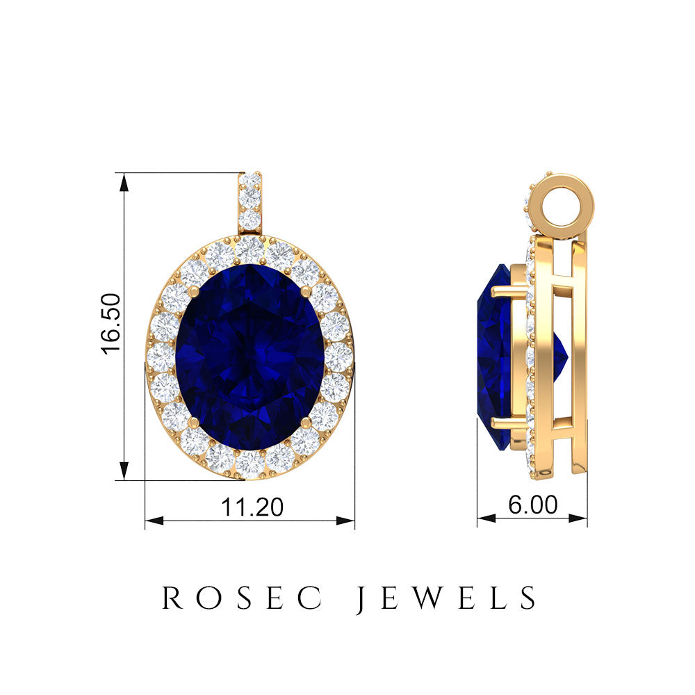 Created Blue Sapphire Oval Halo Pendant with Diamond Lab Created Blue Sapphire - ( AAAA ) - Quality - Rosec Jewels